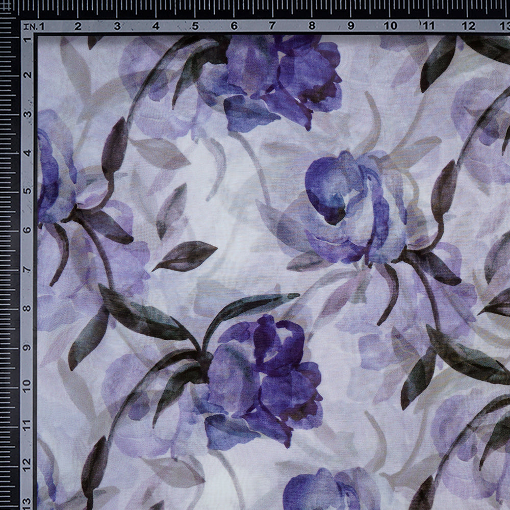 (Pre-Cut 2.95 Mtr)Voilet Floral Pattern Digital Print-Viscose Organza Fabric