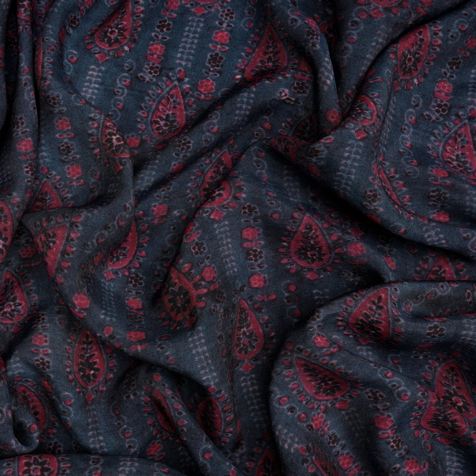 (Pre-Cut 2.00 Mtr)Grey-Pink All Over Pattern Digital Printed Bemberg Muslin Fabric