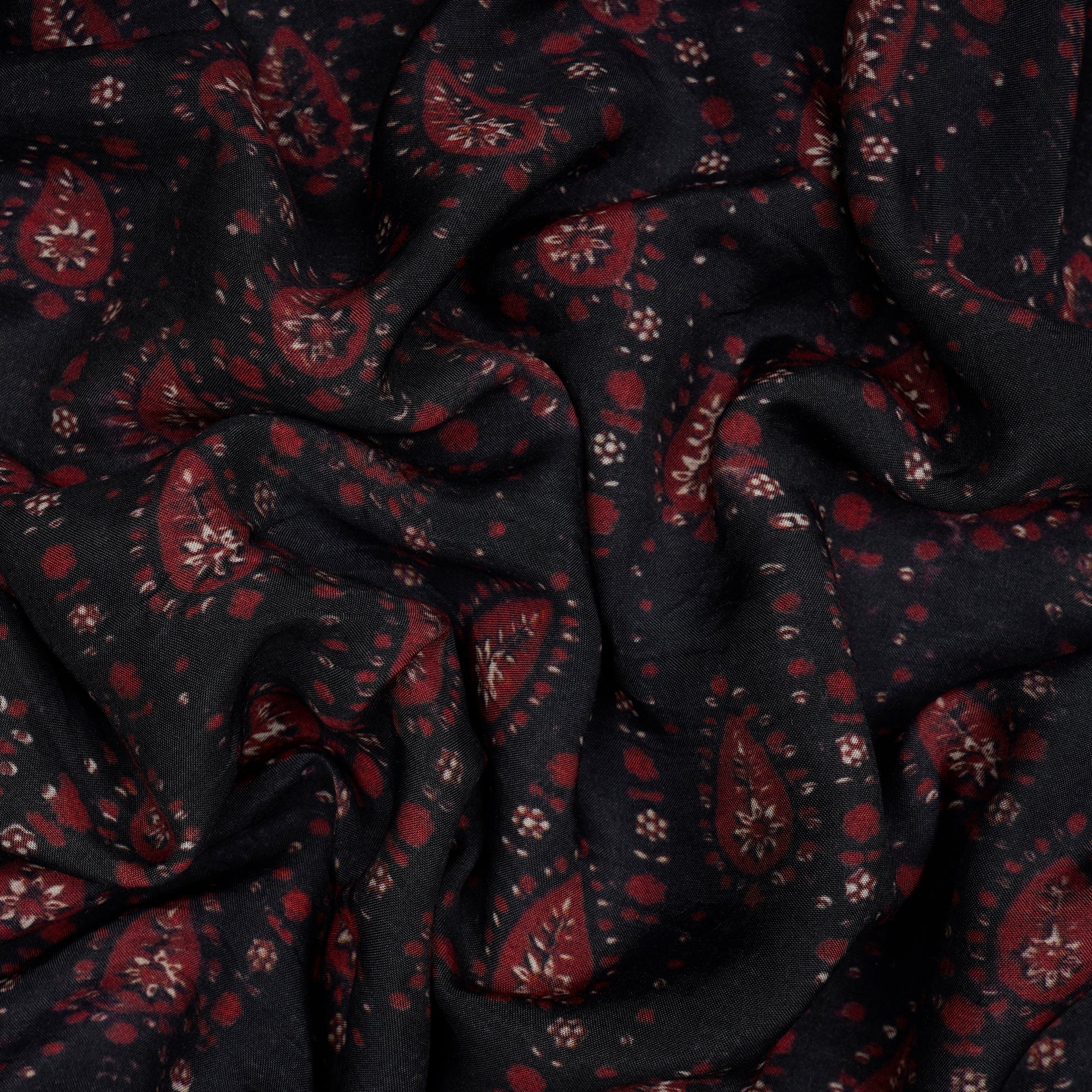 (Pre-Cut 4.00 Mtr)Black-Red All Over Pattern Digital Printed Bemberg Muslin Fabric