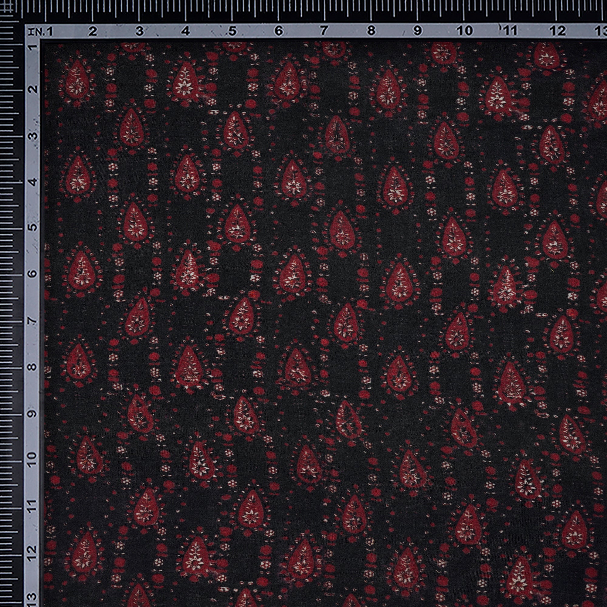 (Pre-Cut 4.00 Mtr)Black-Red All Over Pattern Digital Printed Bemberg Muslin Fabric