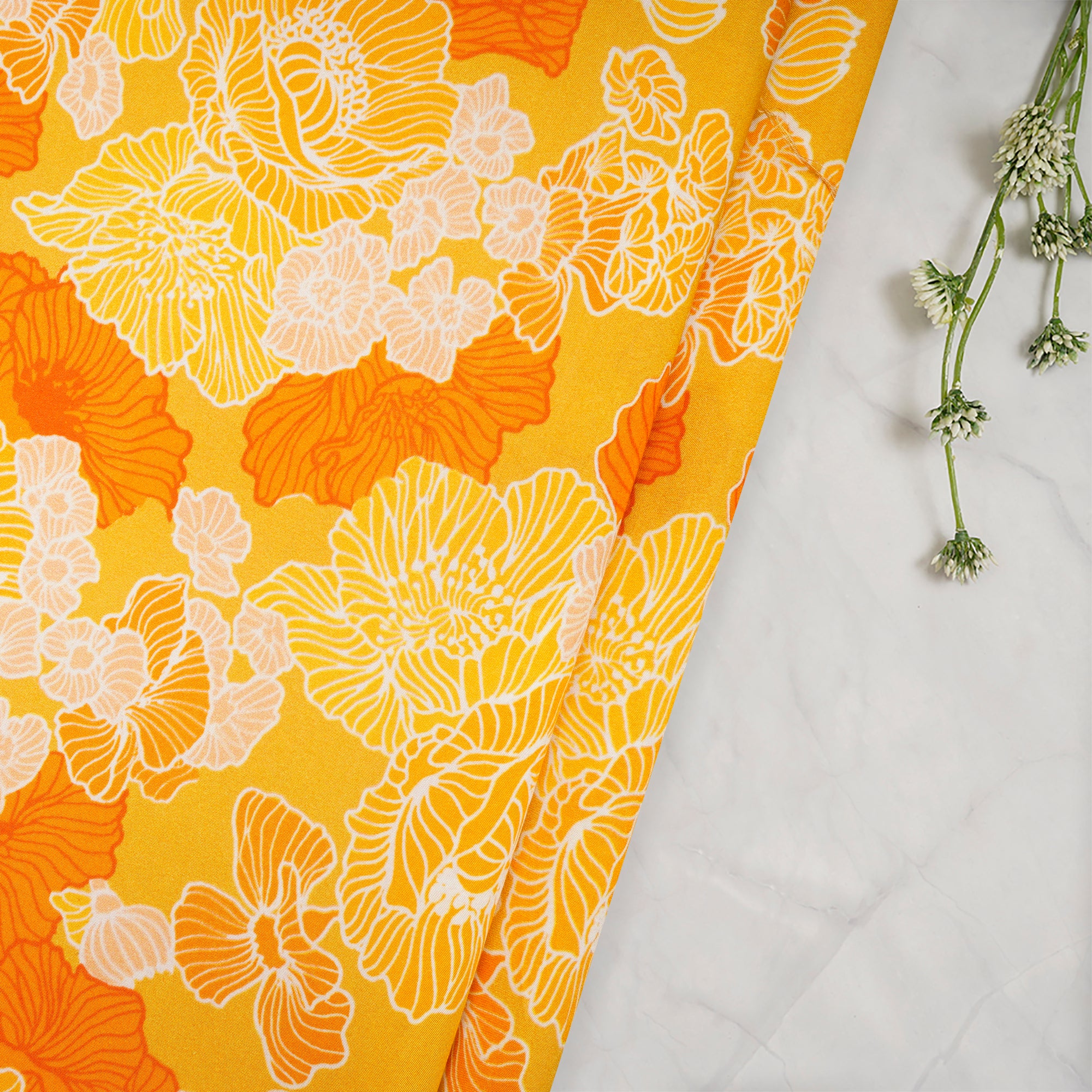 (Pre-Cut 2.90 Mtr)Yellow Floral Pattern Digital Print- Bemberg Muslin Fabric
