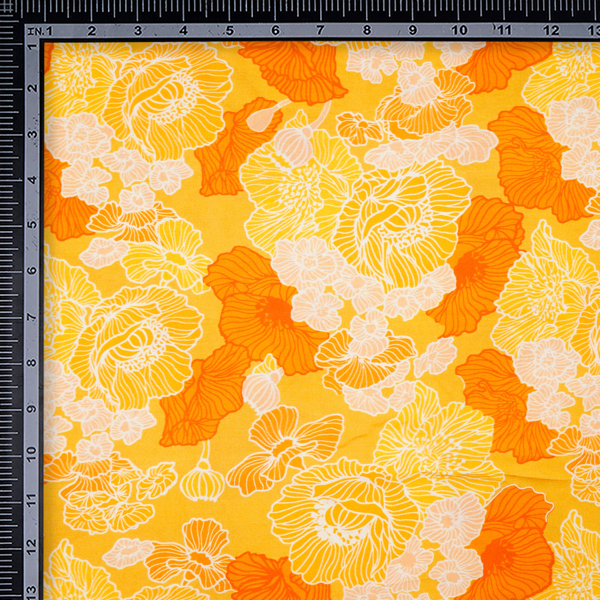 (Pre-Cut 2.90 Mtr)Yellow Floral Pattern Digital Print- Bemberg Muslin Fabric