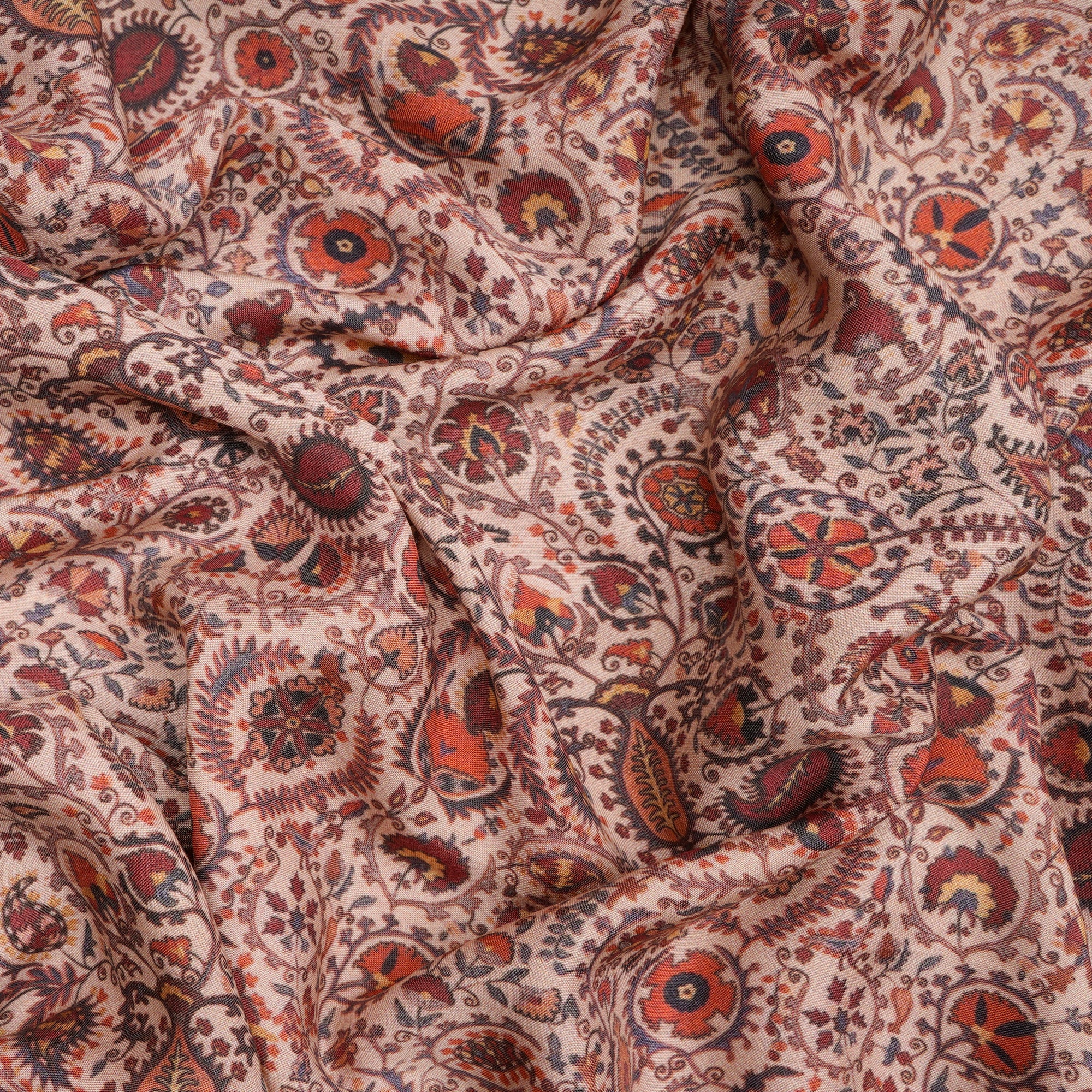 (Pre-Cut 2.90 Mtr)Beige Floral Pattern Digital Printed Kota Silk Fabric