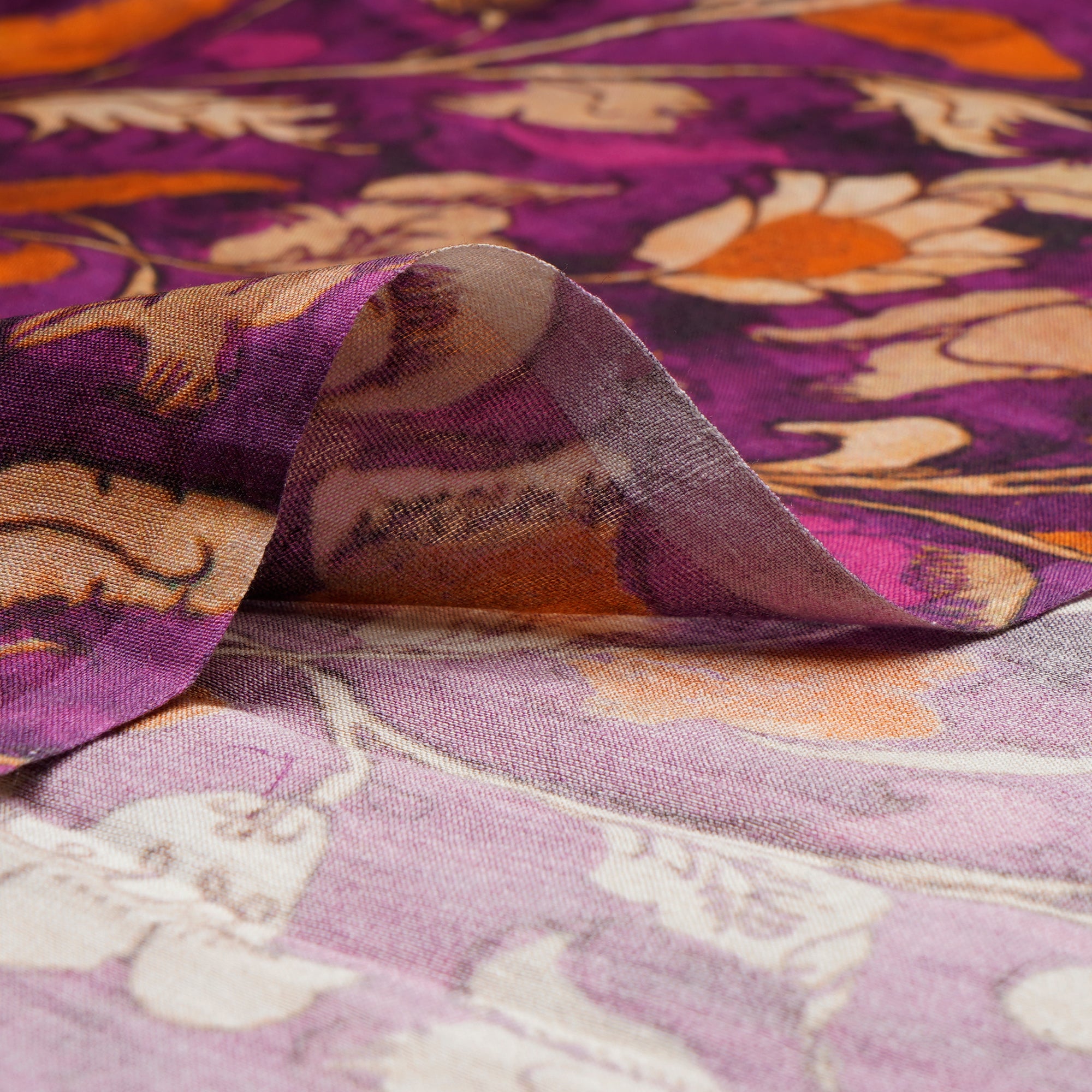(Pre-Cut 4.60 Mtr)Purple Floral Pattern Digital Print-Chanderi Fabric