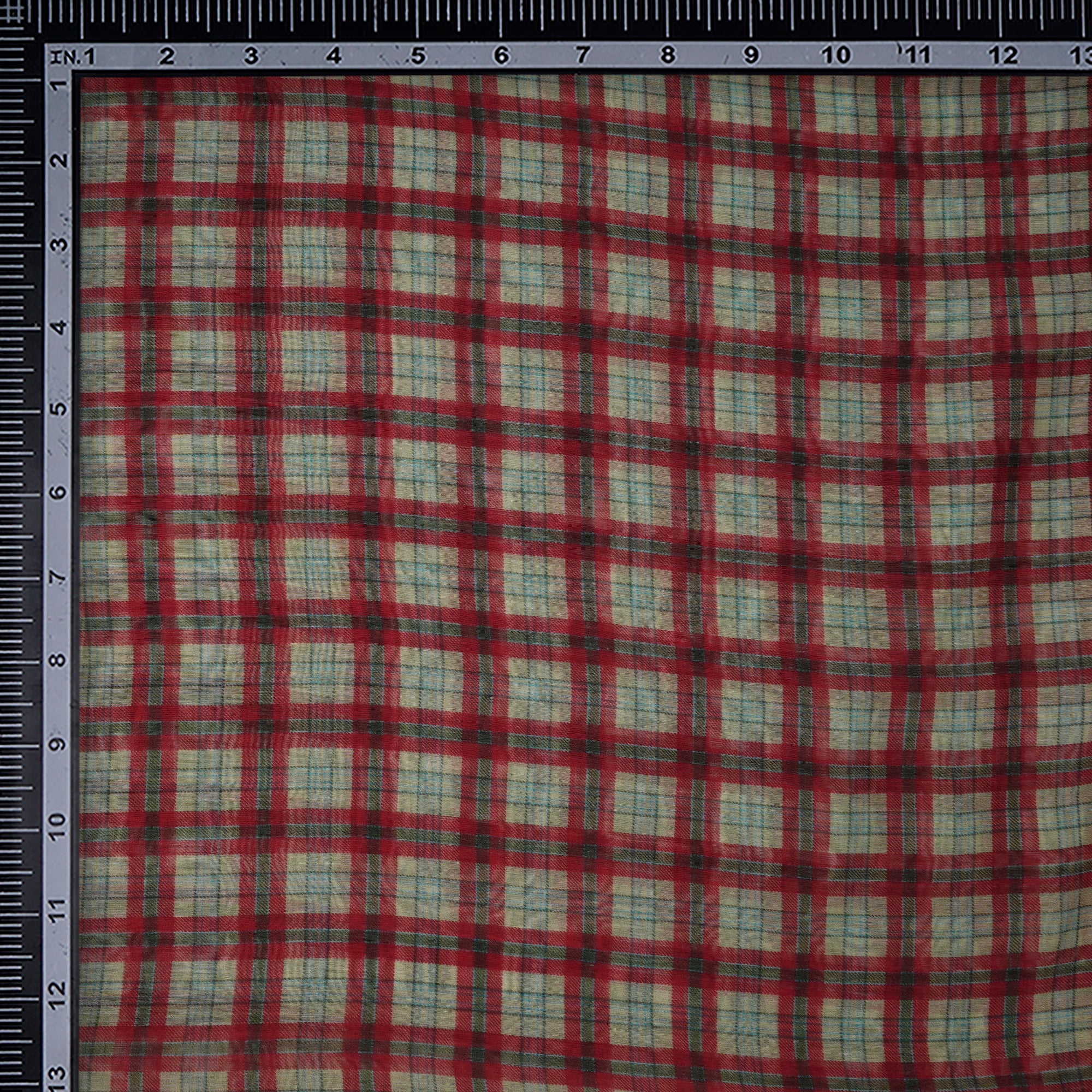 (Pre-Cut 2.65 Mtr)Multi Color Check Pattern Digital Print Chanderi Fabric
