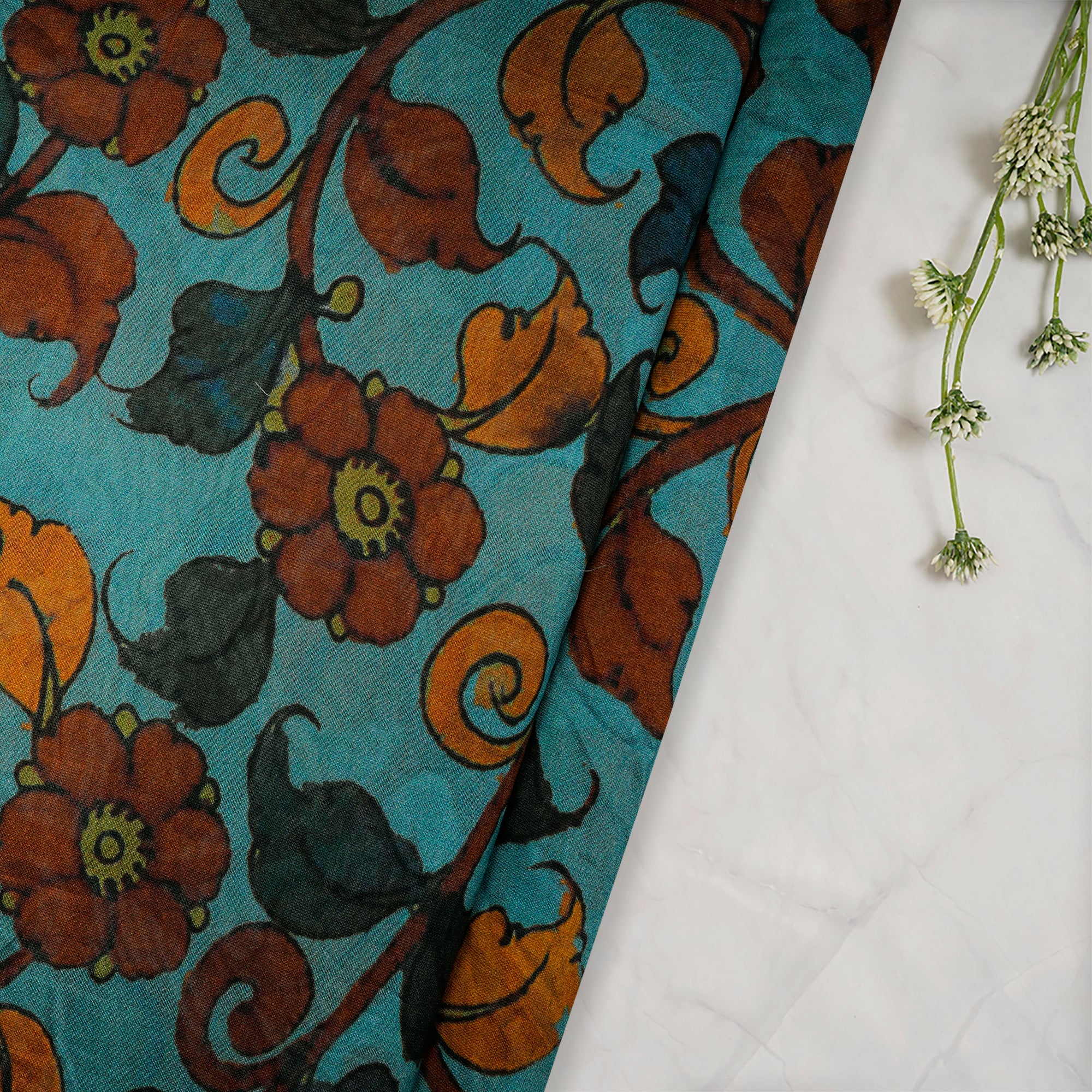 (Pre-Cut 1.35 Mtr)Brittany Blue Floral Pattern Digital Print Silk Cotton Fabric