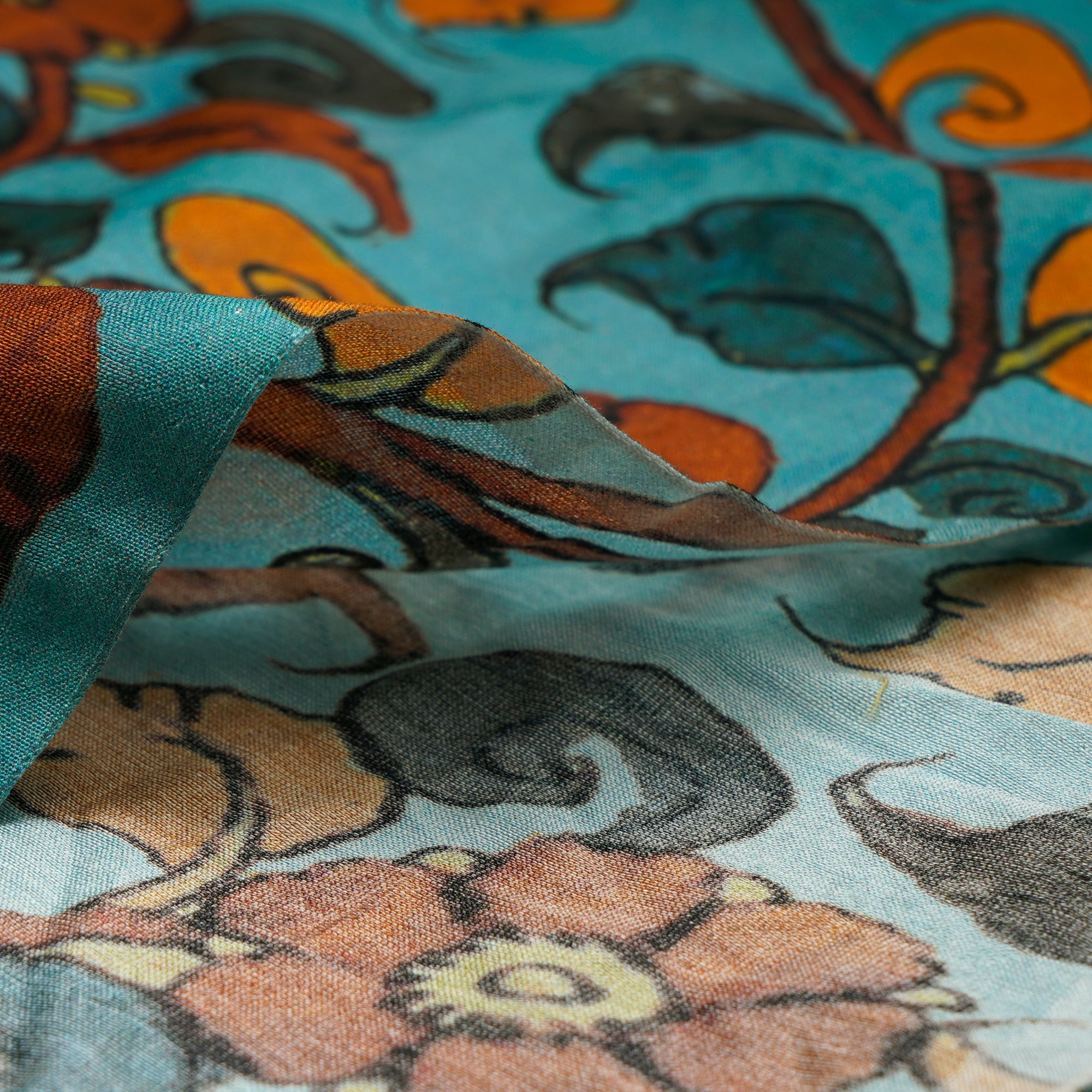 (Pre-Cut 1.35 Mtr)Brittany Blue Floral Pattern Digital Print Silk Cotton Fabric