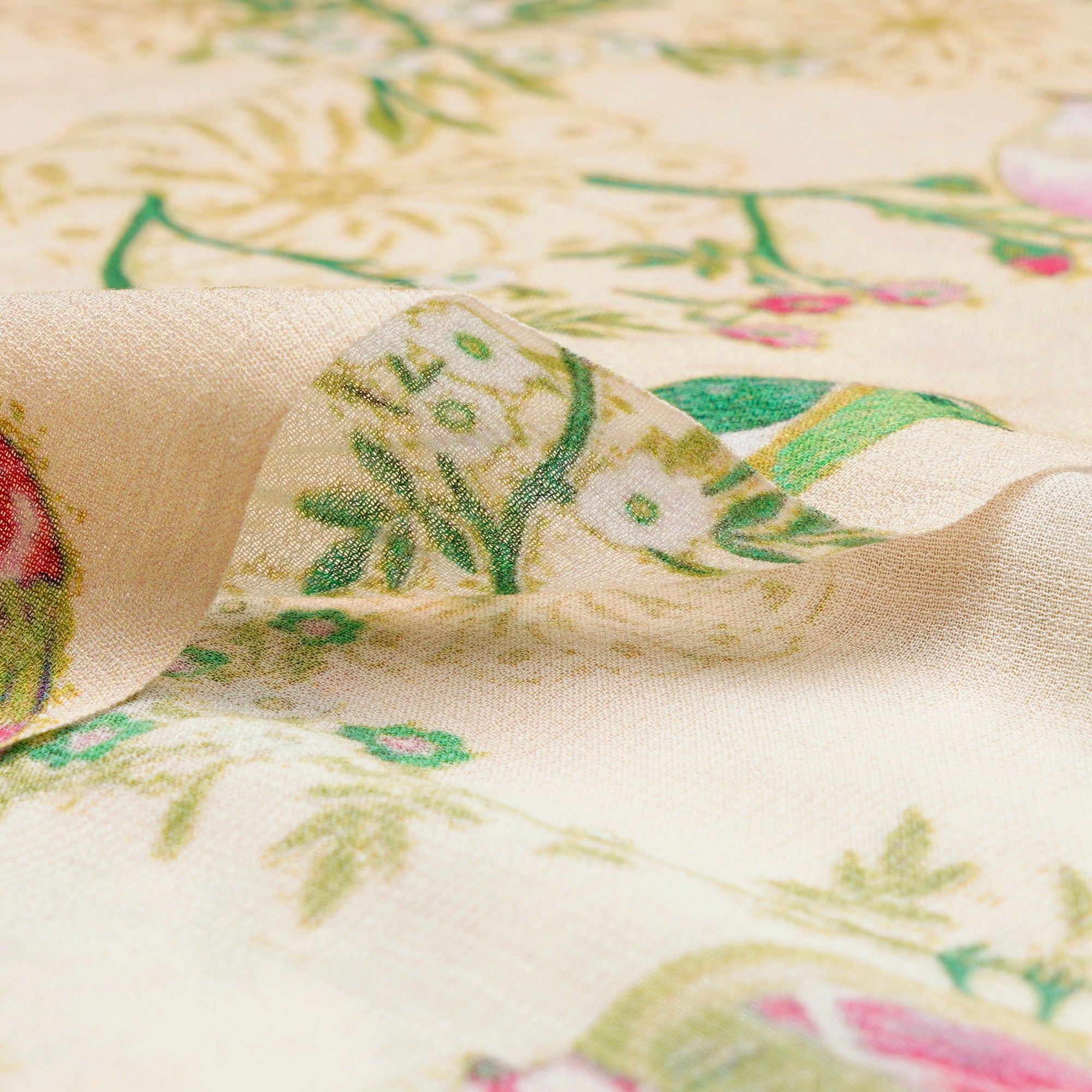 (Pre-Cut 2.70 Mtr)Off-White Floral Pattern Digital Print Viscose Terry Voile