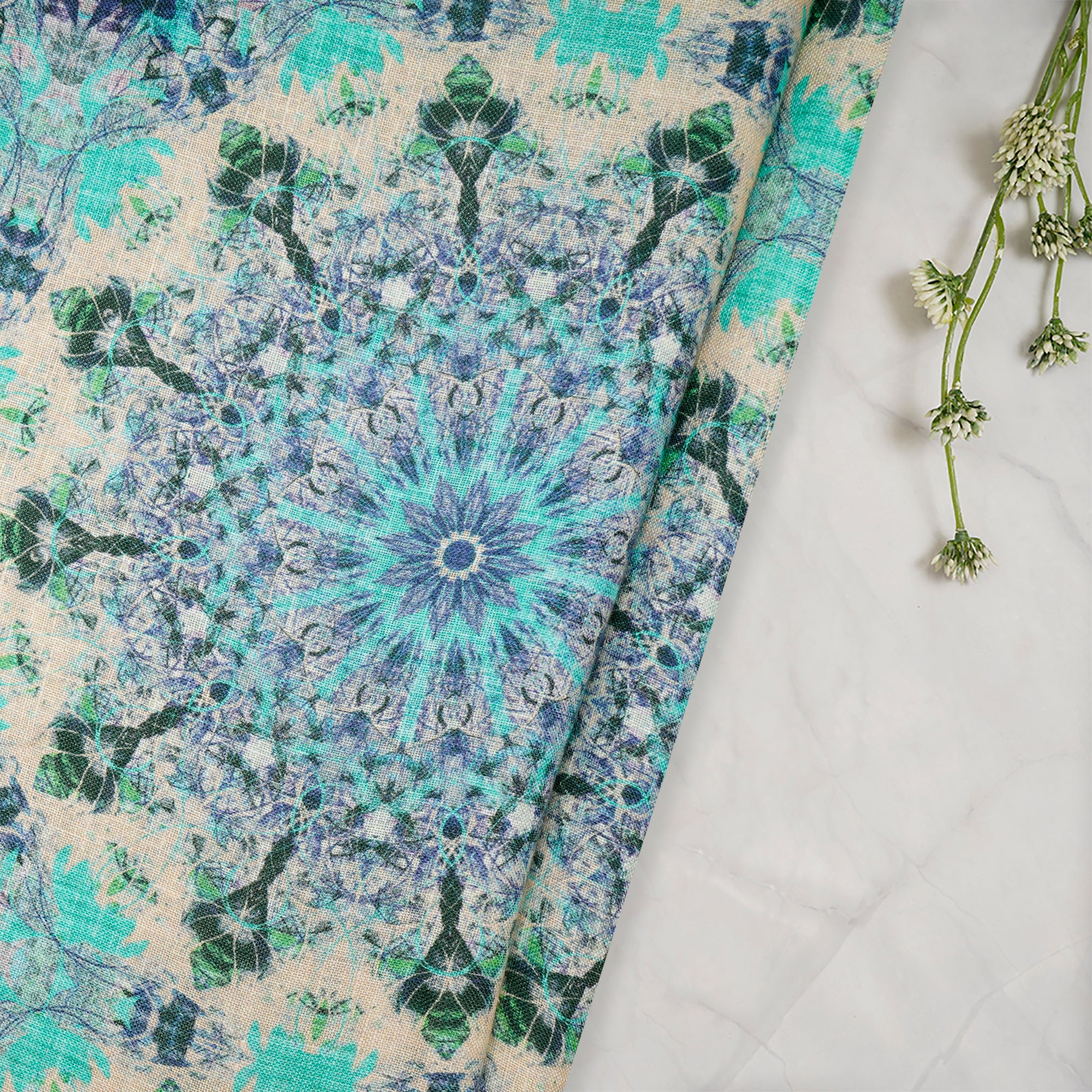 (Pre-Cut 3.10 Mtr)Multi Color Floral Pattern Digital Print-Linen 40 Lee Fabric