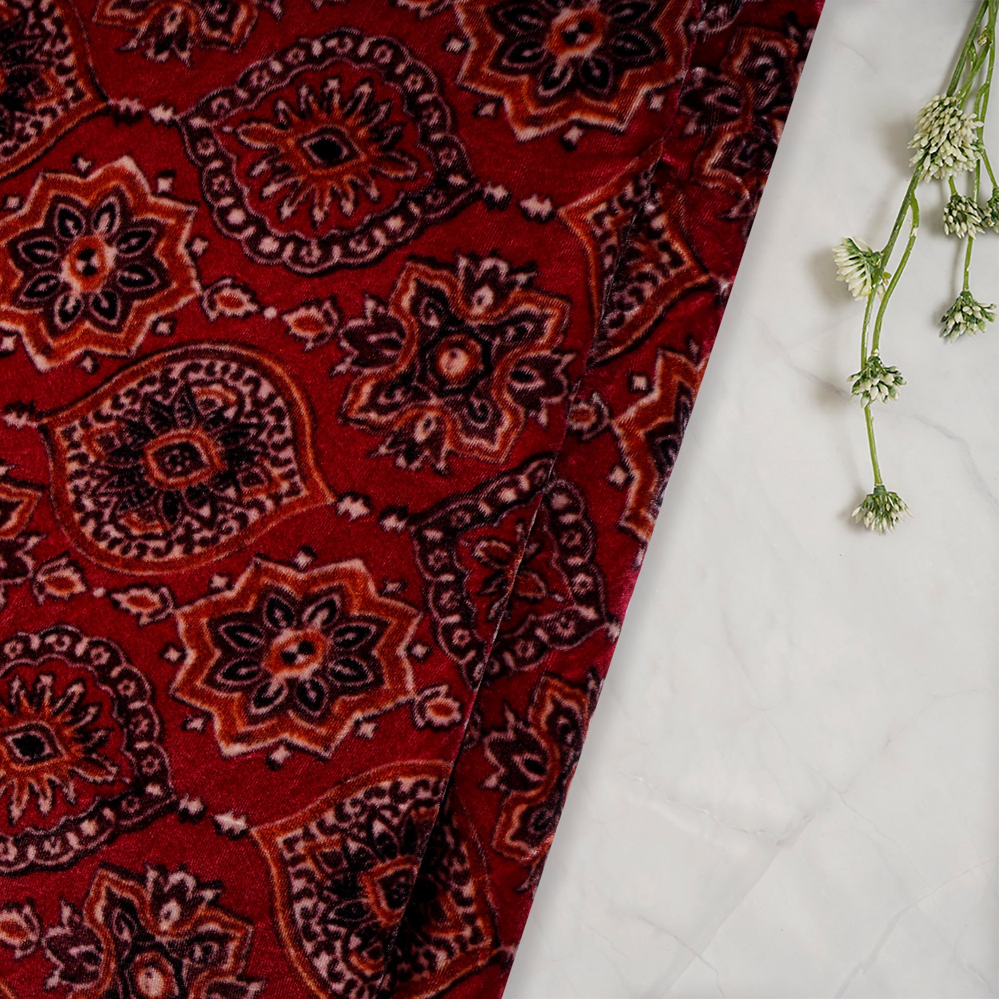 (Pre-Cut 2.00 Mtr)Red Floral Pattern Digital Print-Silk Velvet Fabric