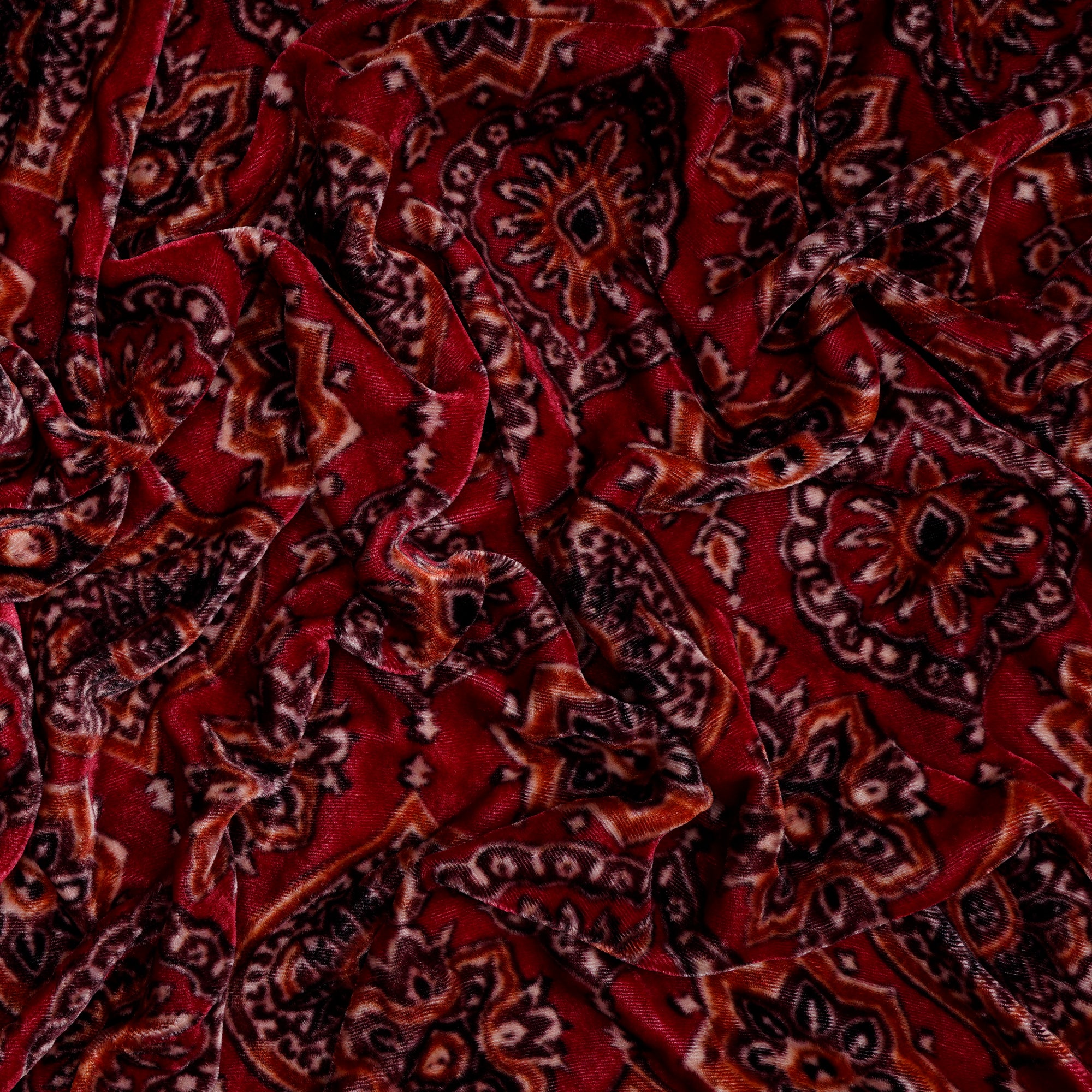 (Pre-Cut 2.00 Mtr)Red Floral Pattern Digital Print-Silk Velvet Fabric