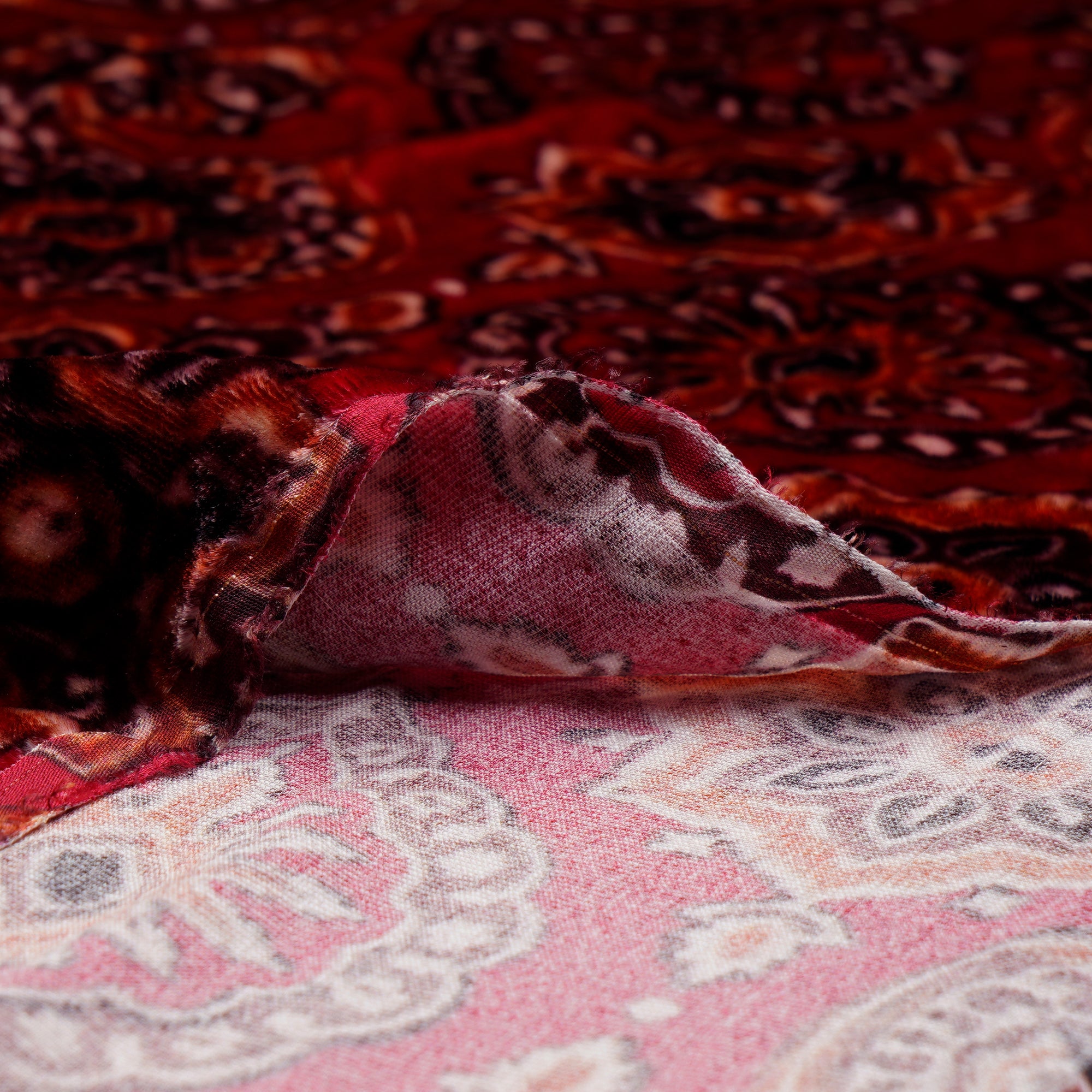 (Pre-Cut 2.00 Mtr)Red Floral Pattern Digital Print-Silk Velvet Fabric