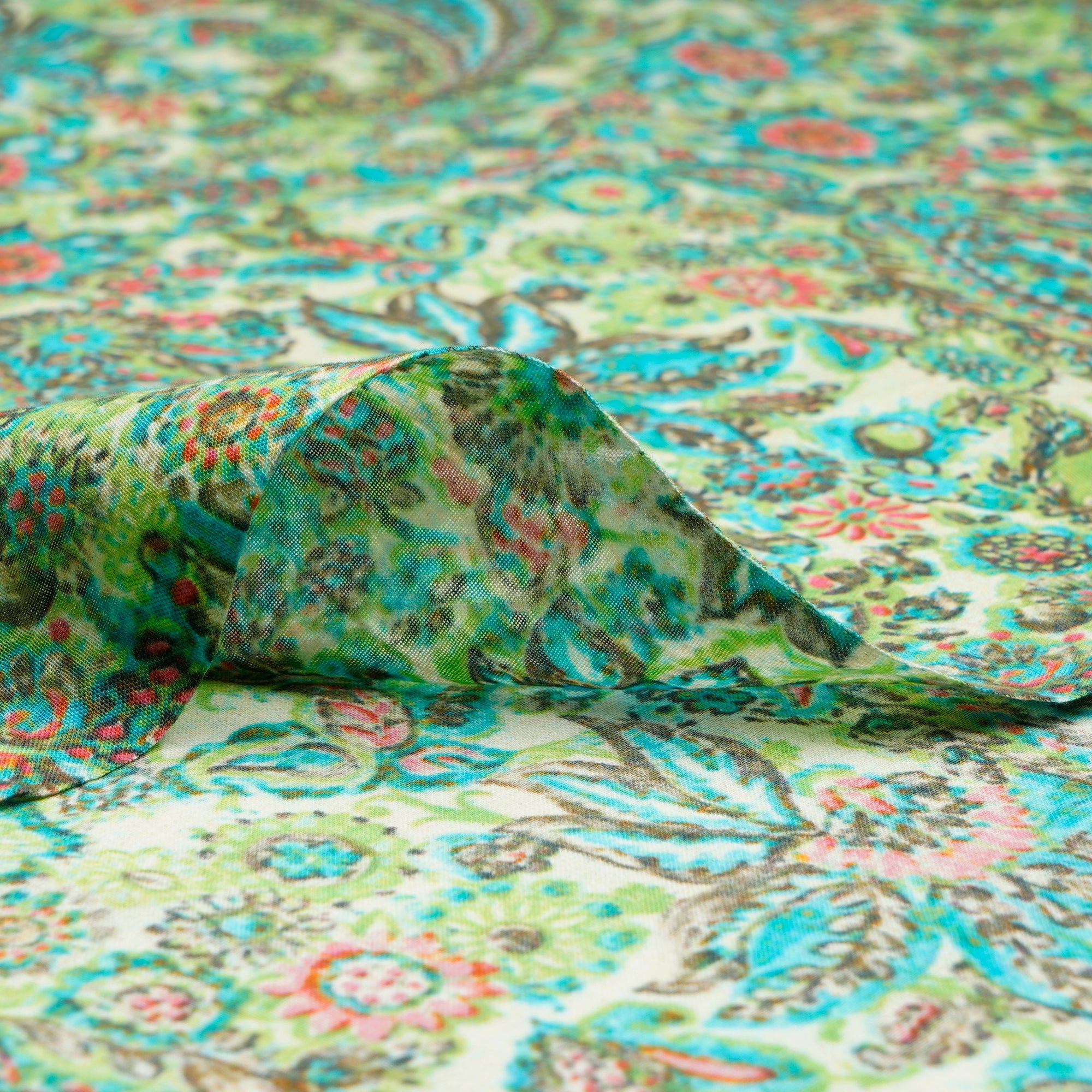 (Pre-Cut 4.10 Mtr)Green Floral Pattern Digital Print-High Twist Voile Fabric