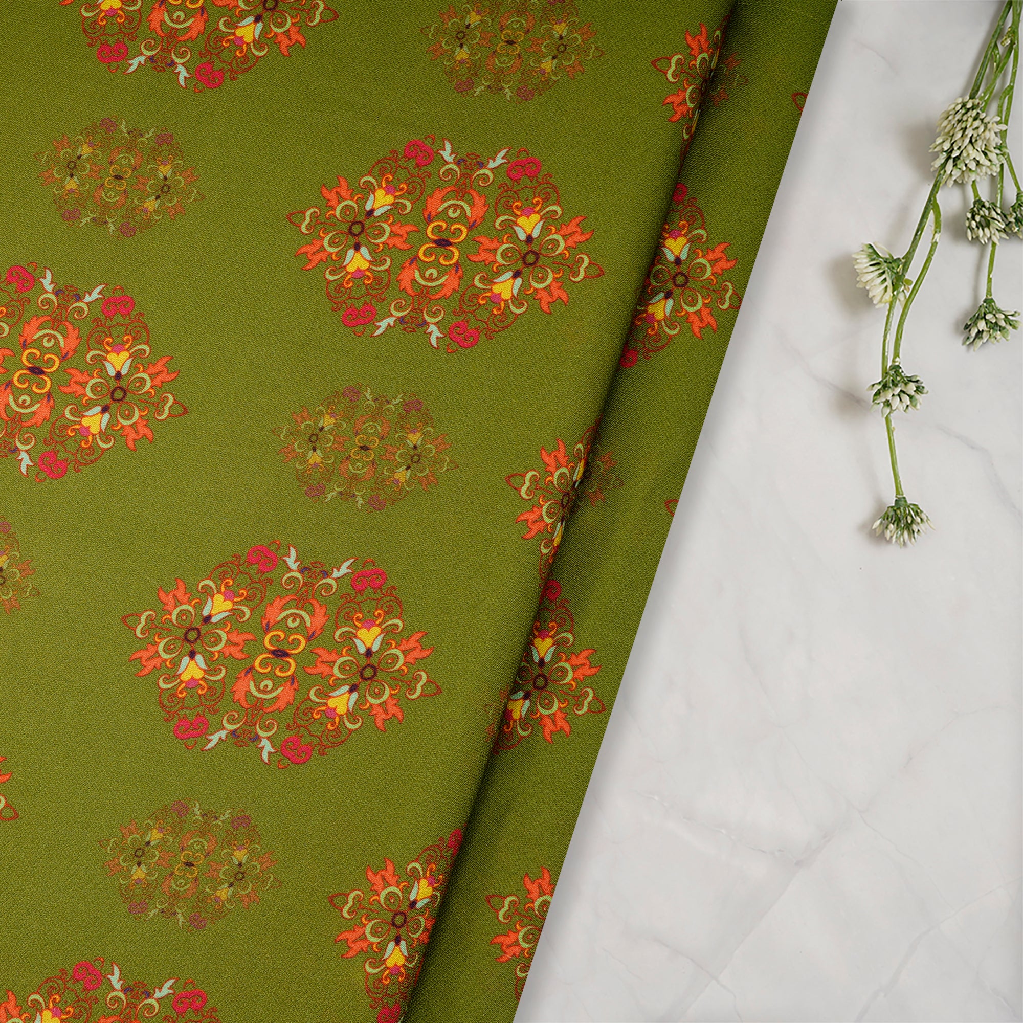 (Pre-Cut 4.50 Mtr)Green Floral Pattern Digital Print-Viscose Georgette Fabric