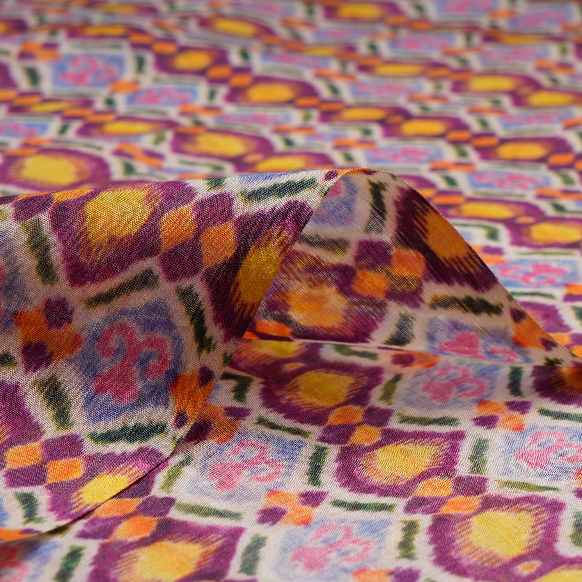 (Pre-Cut 3.30 Mtr)Multi Color Digital Printed Tussar Chanderi Fabric