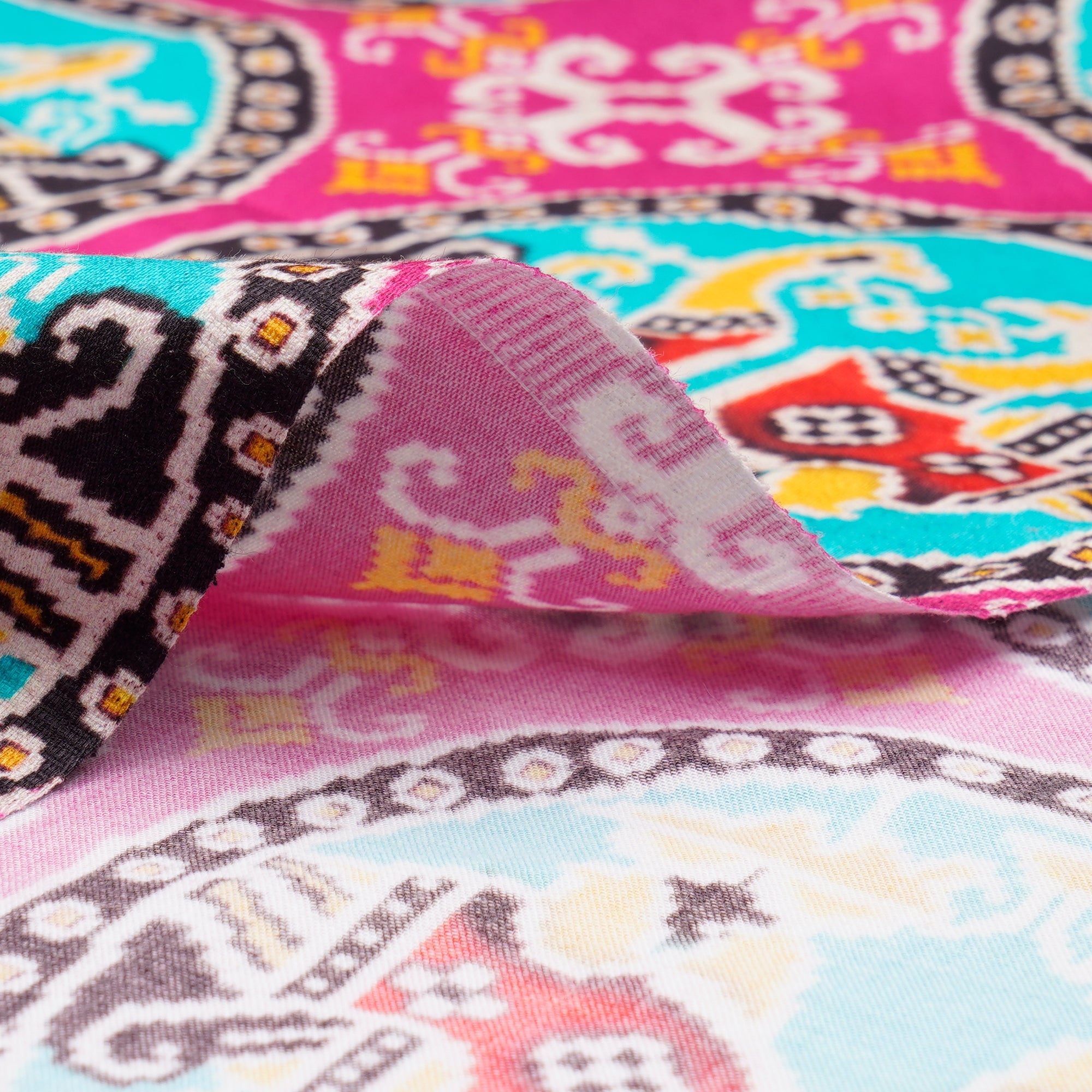 (Pre-Cut 1.90 Mtr)Multi Color Traditional Pattern Digital Print-Cotton Satin Fabric