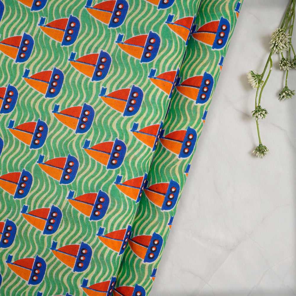 (Pre-Cut 1.00 Mtr)Green Color Kids Pattern Screen Print Pure Cotton Fabric