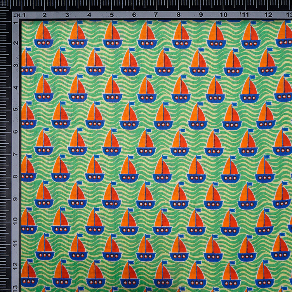 (Pre-Cut 1.00 Mtr)Green Color Kids Pattern Screen Print Pure Cotton Fabric