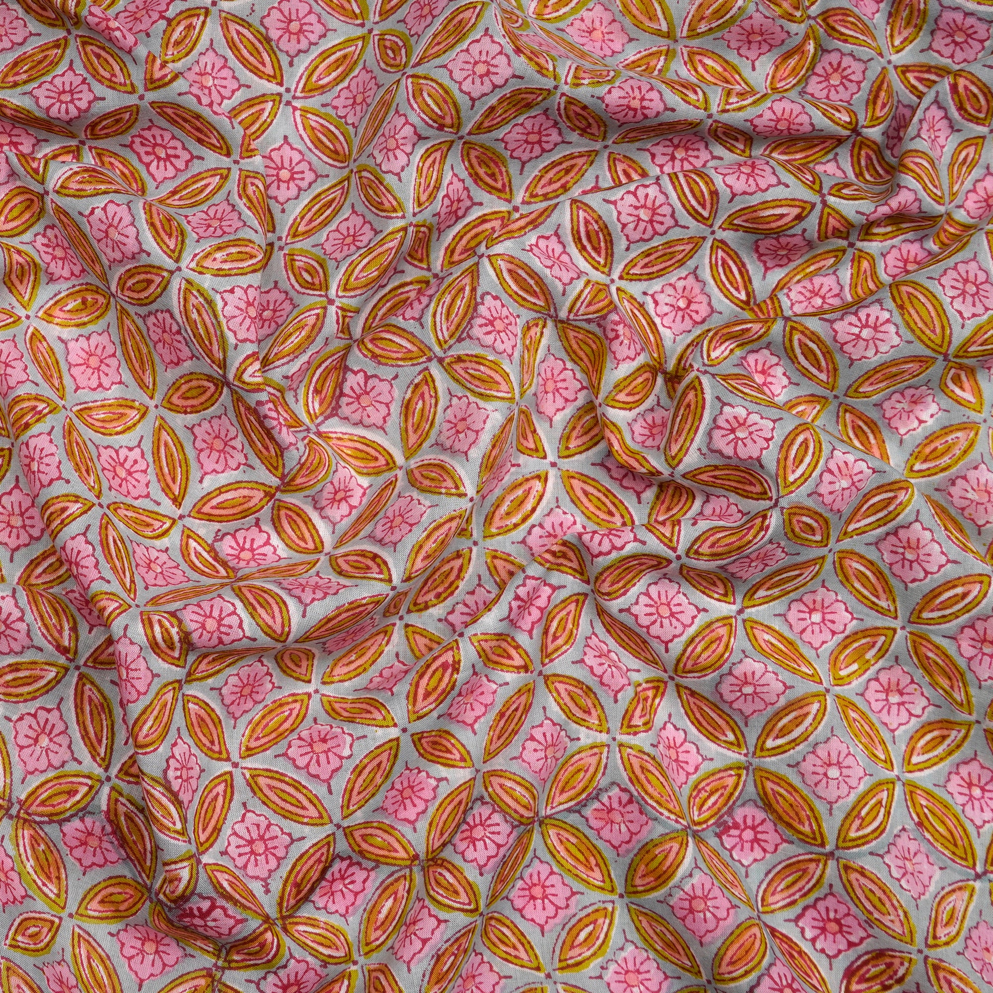 (Pre-Cut 2.00 Mtr)Multi Color Geometric Pattern Bagru Hand Block Printed Cotton Fabric