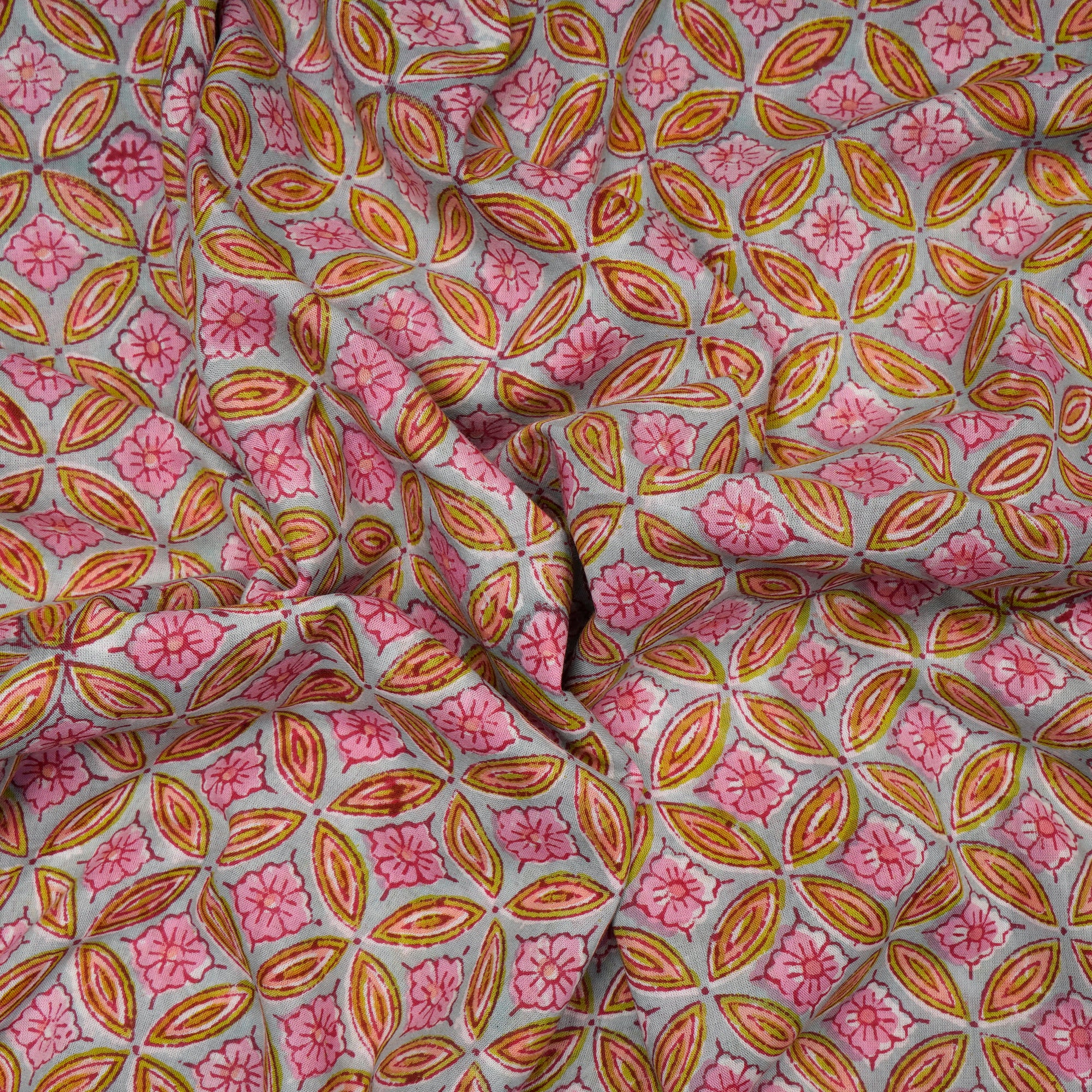 (Pre-Cut 4.00 Mtr)Multi Color All Over Pattern Hand Block Cotton Fabric
