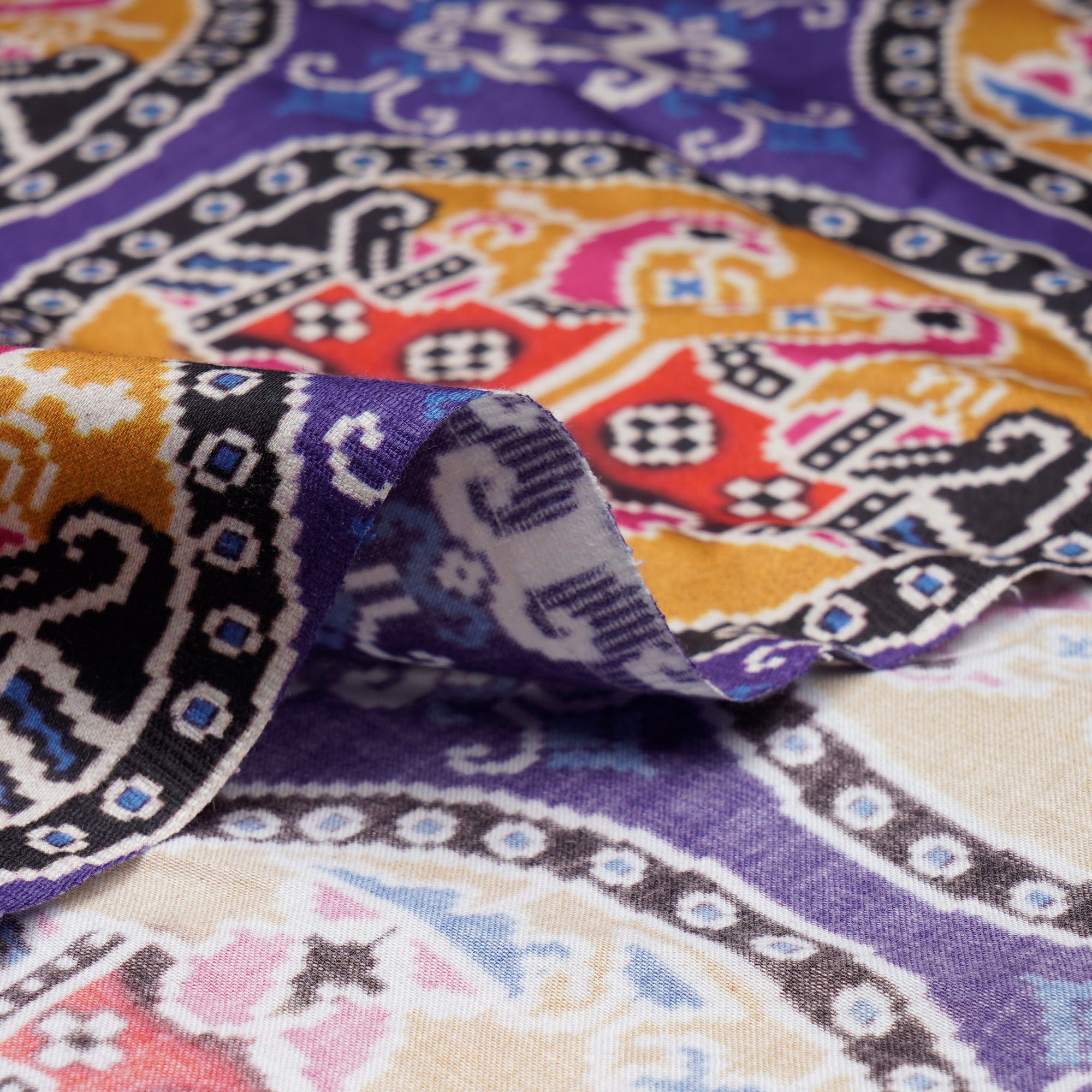 (Pre-Cut 3.00Mtr)Purple Corallites Patola Pattern Digital Print Cotton Satin Fabric