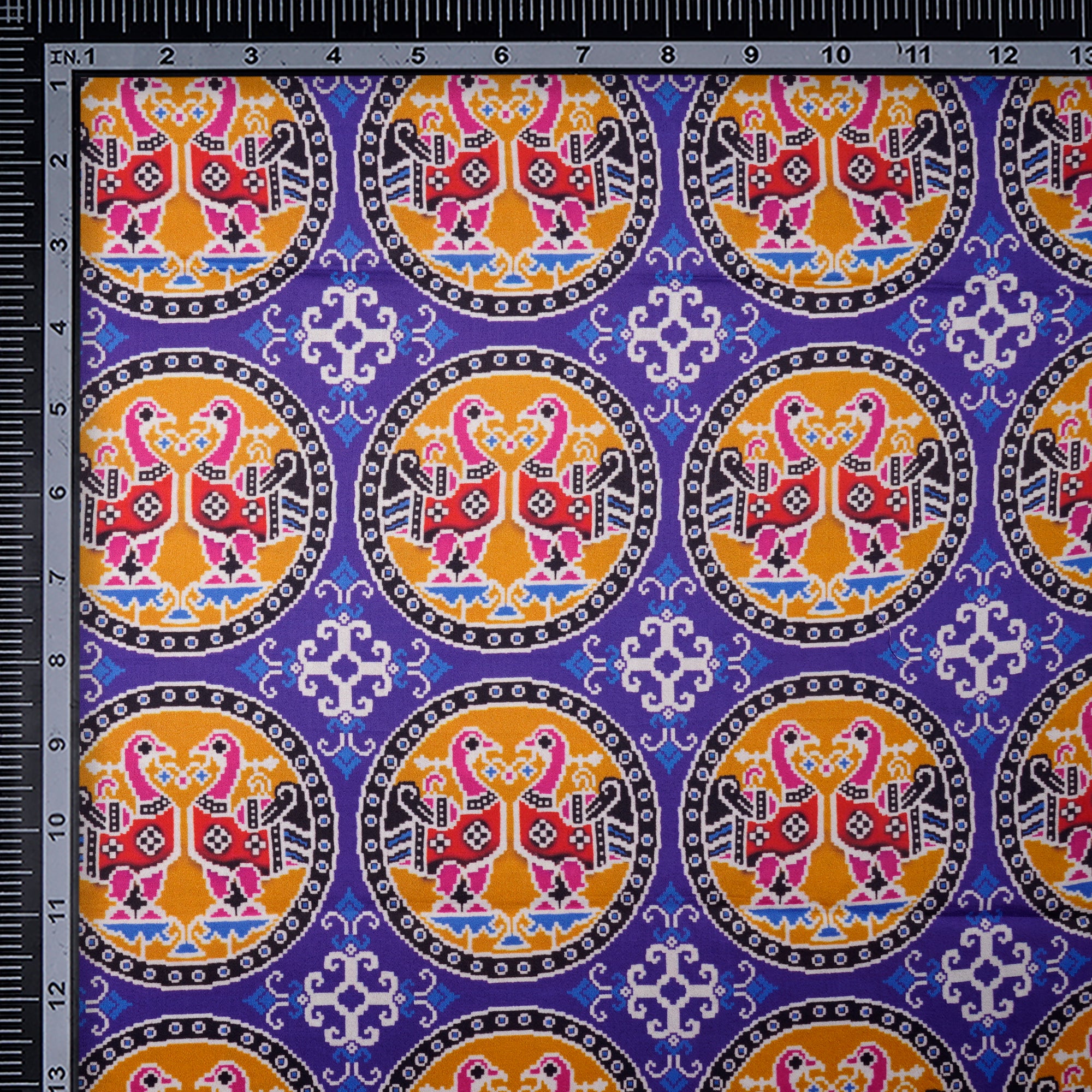 (Pre-Cut 4.50 Mtr)Multi Color Traditional Pattern Digital Print Cotton Satin Fabric