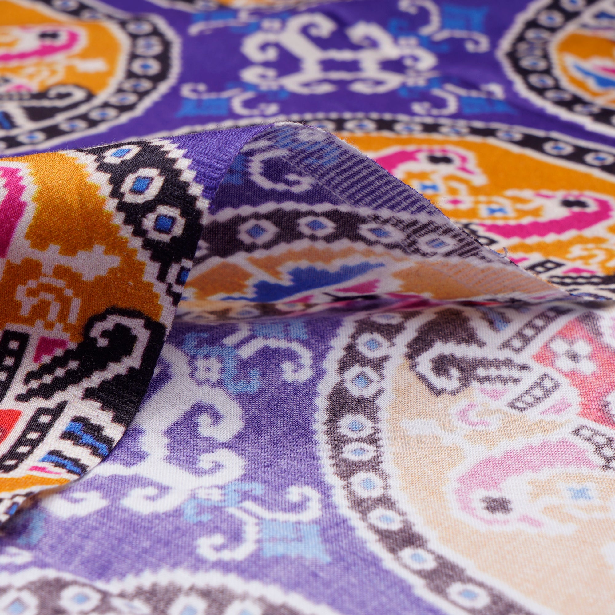 (Pre-Cut 4.50 Mtr)Multi Color Traditional Pattern Digital Print Cotton Satin Fabric