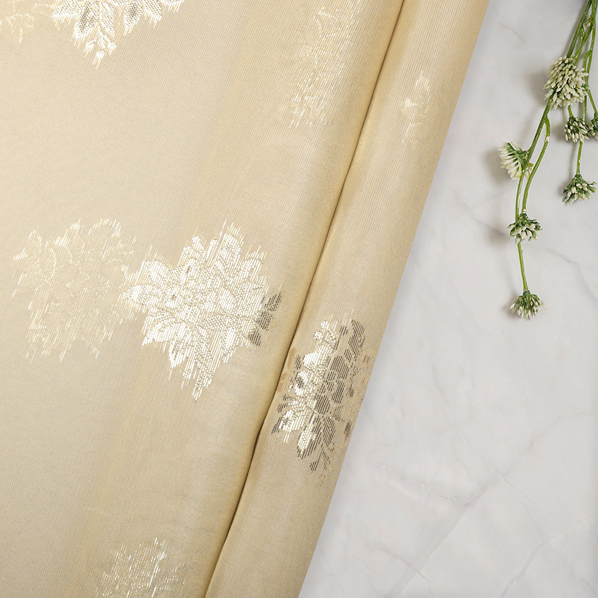 (Pre-Cut 2.25 Mtr)Gold Booti Pattern Dyeable Fancy Viscose Organza Jacquard Tissue Fabric