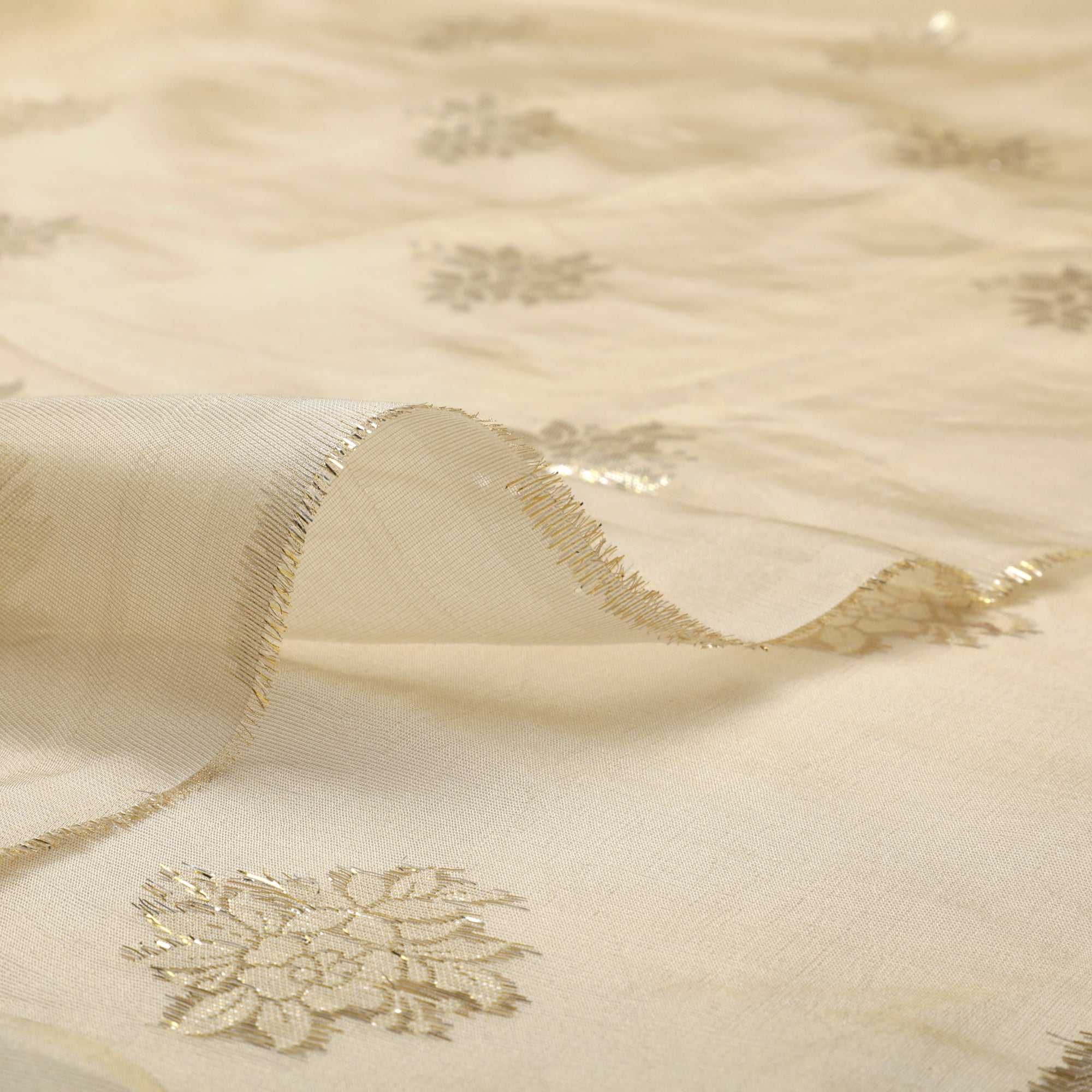 (Pre-Cut 2.25 Mtr)Gold Booti Pattern Dyeable Fancy Viscose Organza Jacquard Tissue Fabric