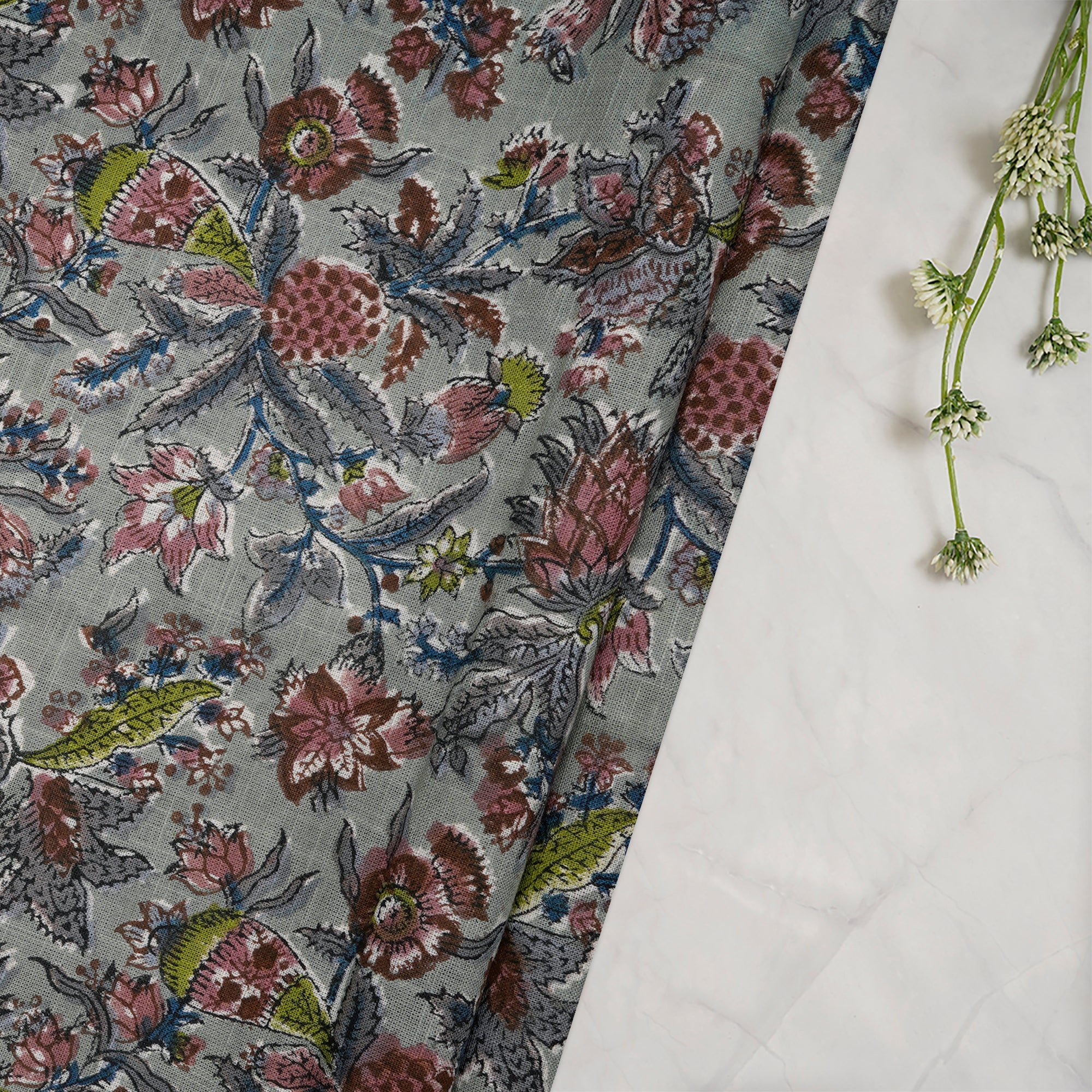 (Pre-Cut 0.70Mtr)Frosty Green All Over Pattern Hand Block Natural Dye Cotton Slub Fabric