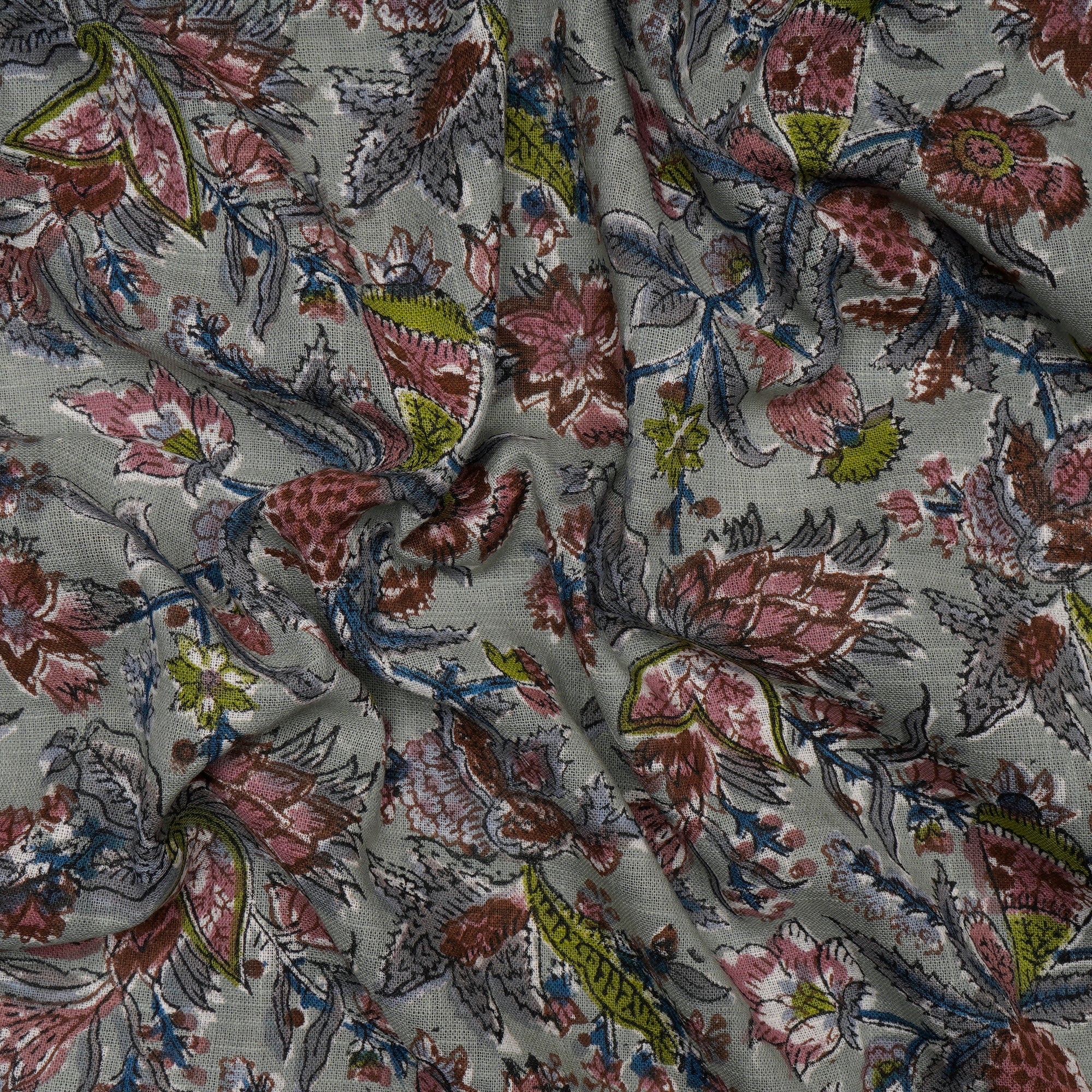 (Pre-Cut 0.70Mtr)Frosty Green All Over Pattern Hand Block Natural Dye Cotton Slub Fabric