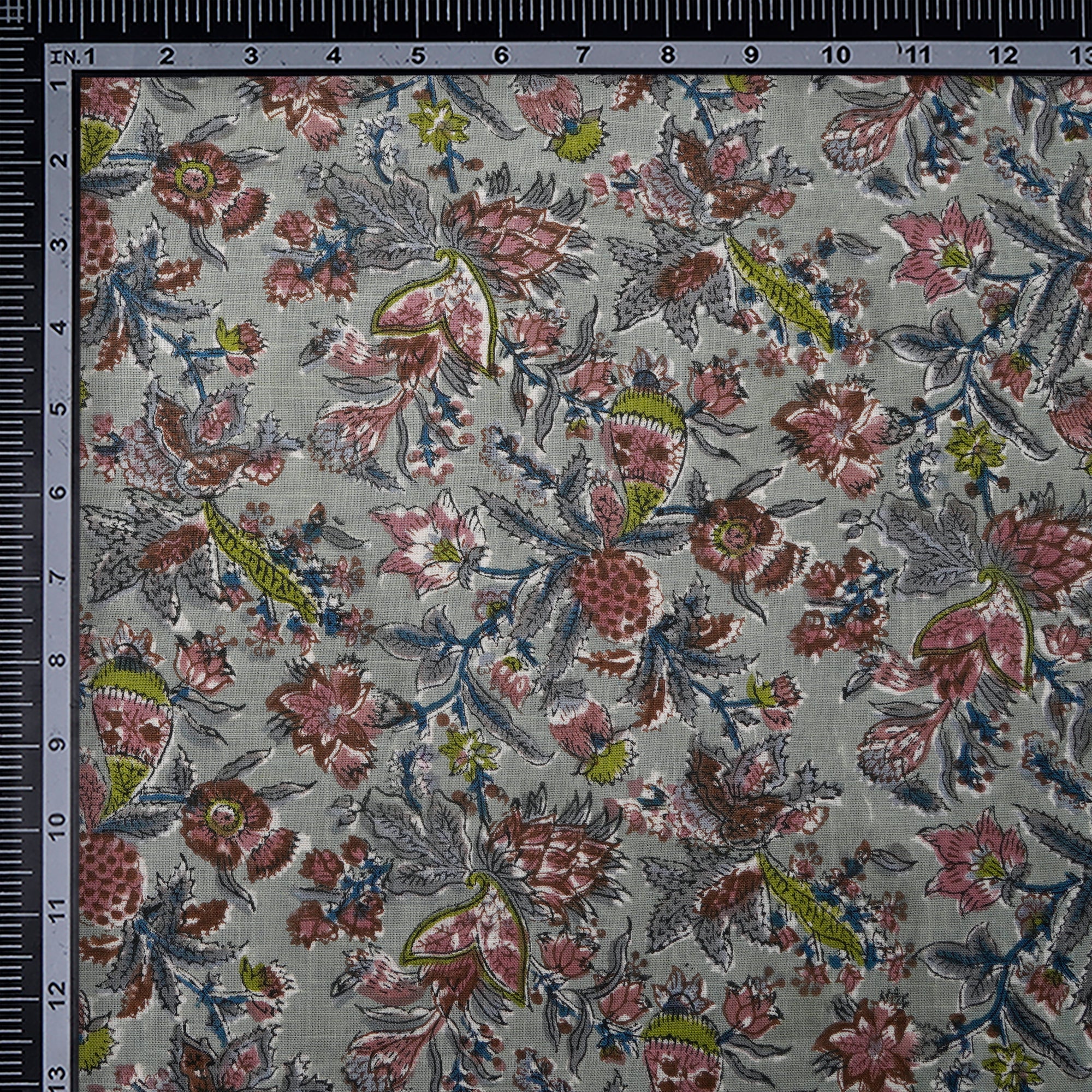 (Pre-Cut 0.70Mtr)Frosty Green All Over Pattern Hand Block Natural Dye Cotton Slub Fabric