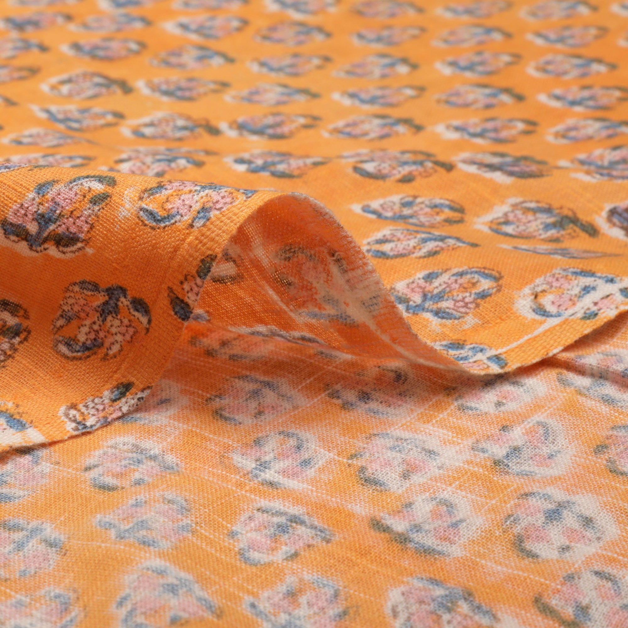 (Pre-Cut 2.00 Mtr)Light Orange All Over Pattern Hand Block Natural Dye Cotton Slub Fabric