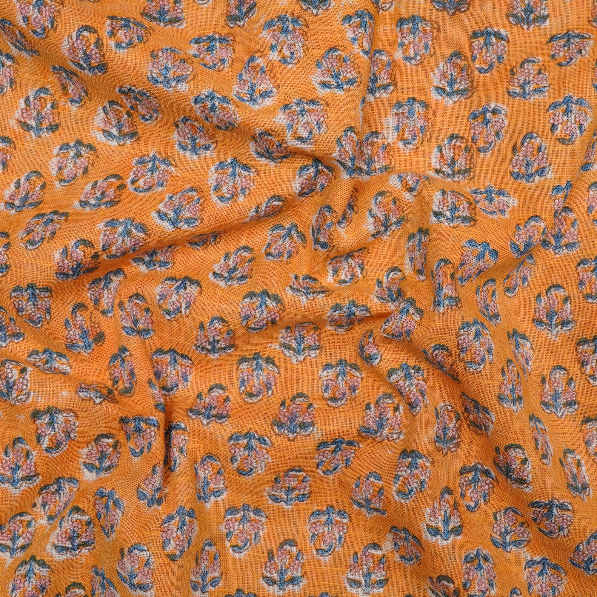 (Pre-Cut 3.10 Mtr) Light Orange All Over Pattern Hand Block Natural Dye Cotton Slub Fabric