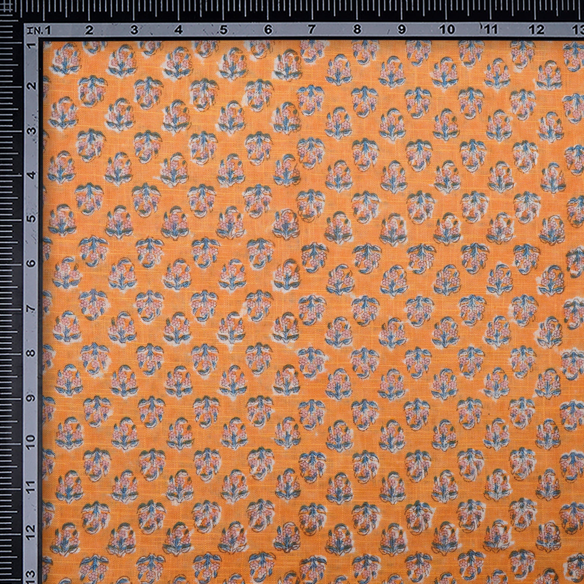 (Pre-Cut 3.10 Mtr) Light Orange All Over Pattern Hand Block Natural Dye Cotton Slub Fabric