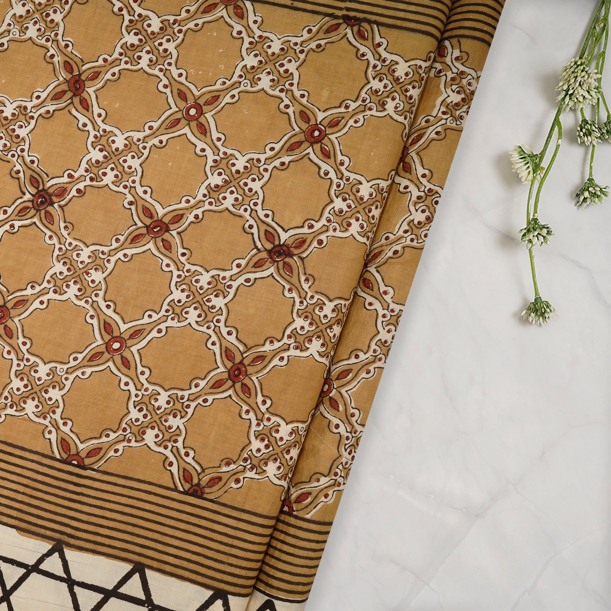 (Pre-Cut 3.35 Mtr)Beige Natural Dye Hand Block Ajrak Printed Cotton Fabric