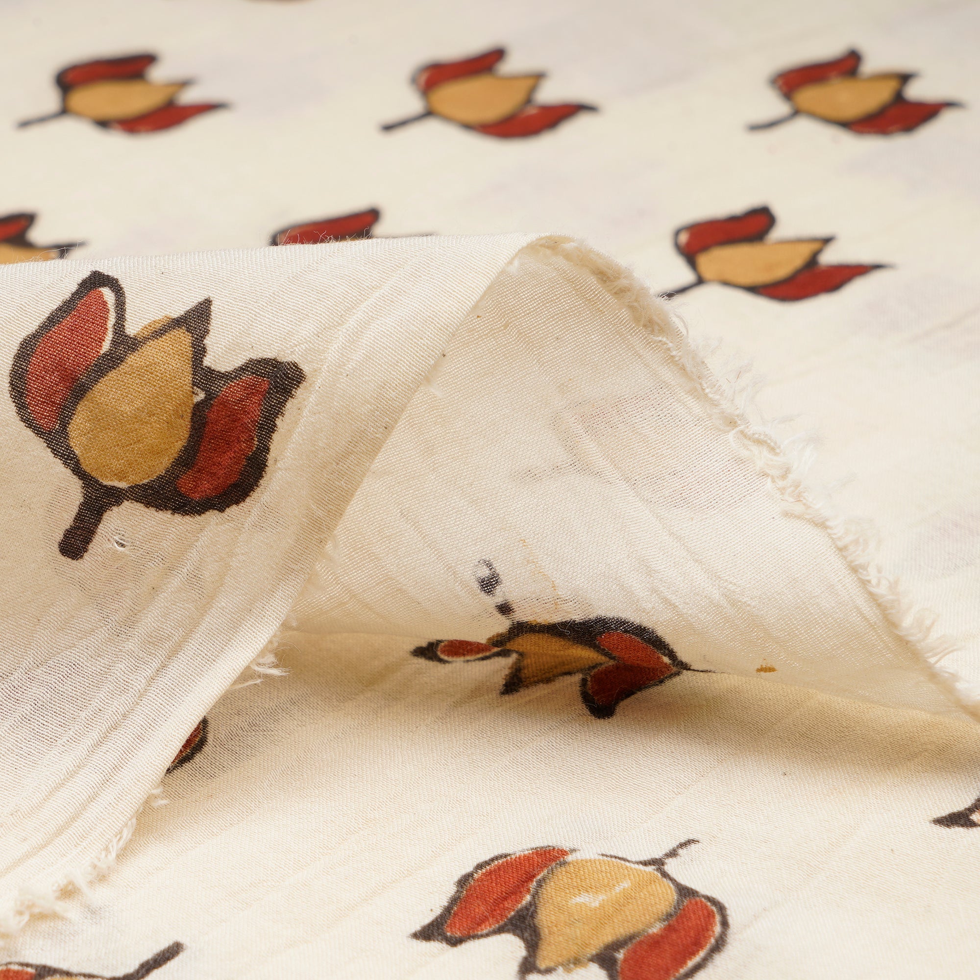 (Pre-Cut 4.50 Mtr)Cream Natural Dye Hand Block Ajrak Printed Cotton Fabric