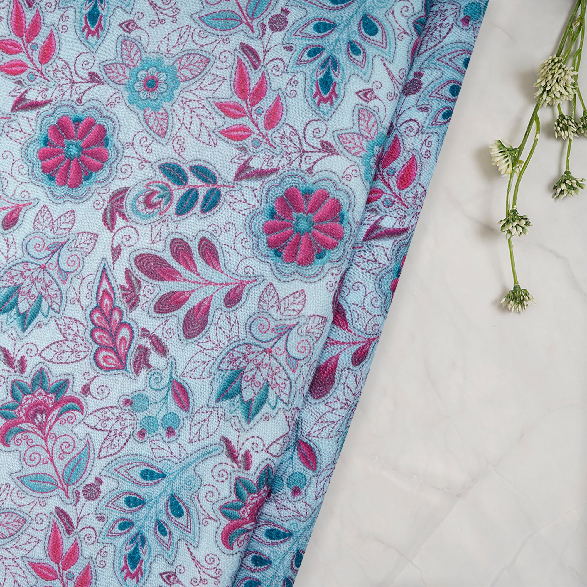 (Pre-Cut 1.10 Mtr)Ice Wash Floral pattern Digital Print Muslin Cotton Fabric