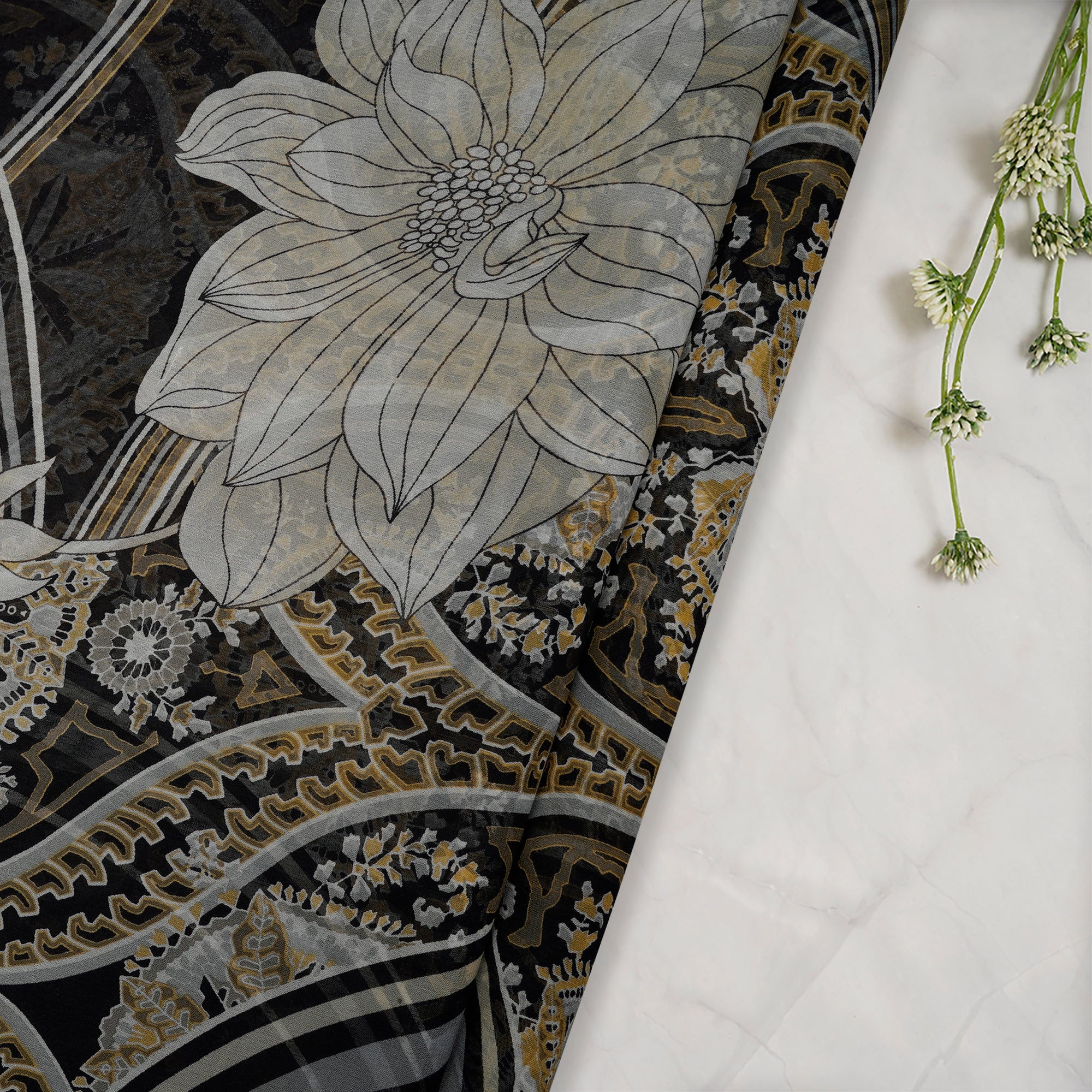 (Pre-Cut 3.75 Mtr)Black Floral Pattern Screen Print Georgette Fabric