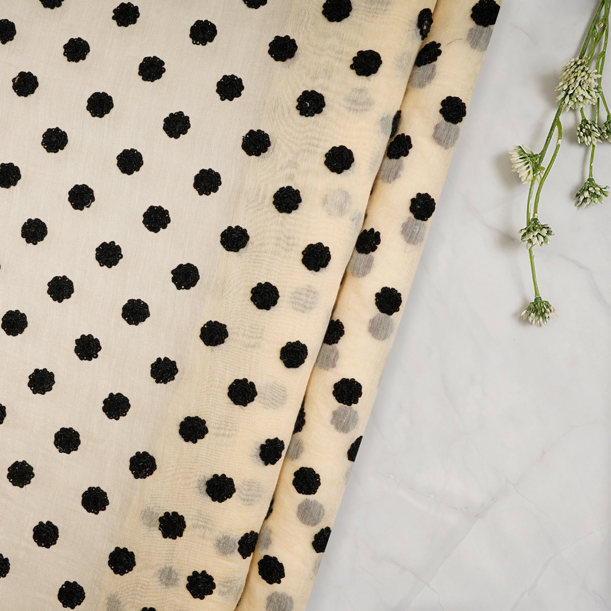 (Pre-Cut 1.15 Mtr)Beige-Black Booti Pattern Sequin Embroidered Silk Cotton Fabric