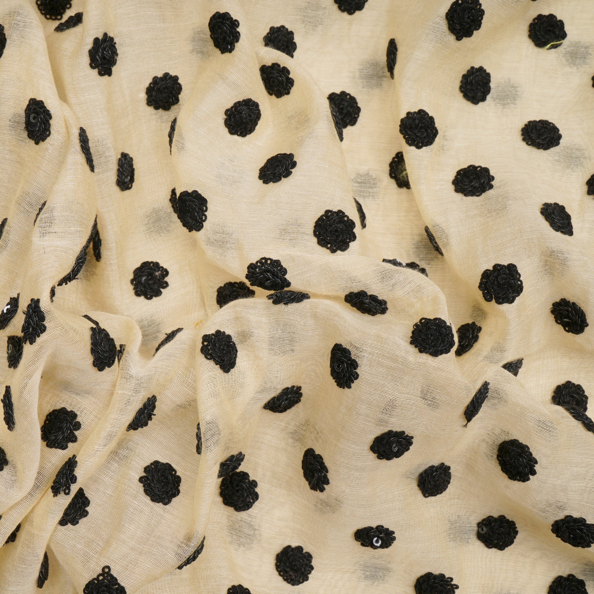 (Pre-Cut 1.15 Mtr)Beige-Black Booti Pattern Sequin Embroidered Silk Cotton Fabric