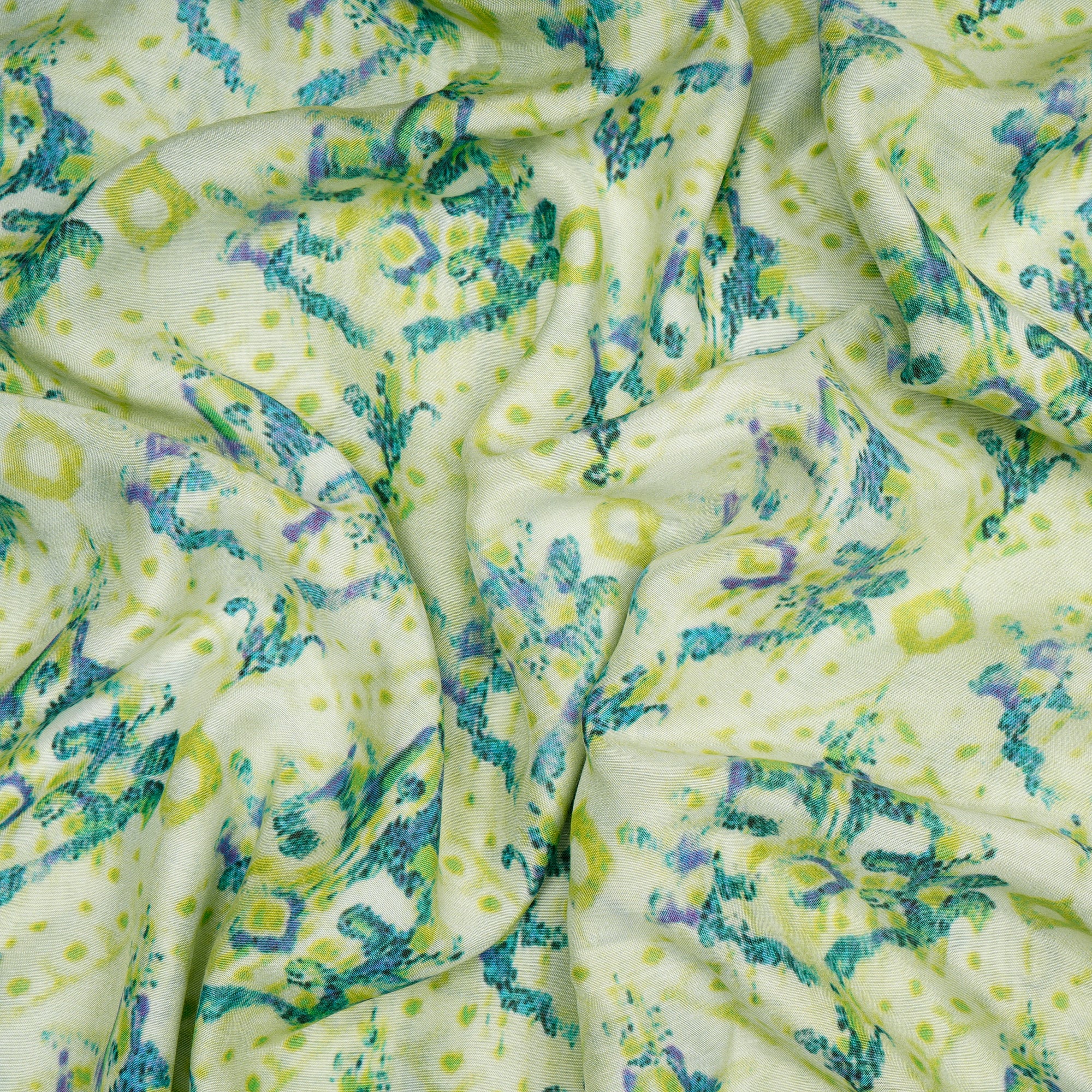 (Pre-Cut 2.90 Mtr)Parrot Green Ikat Pattern Digital Printed Bemberg Modal Fabric