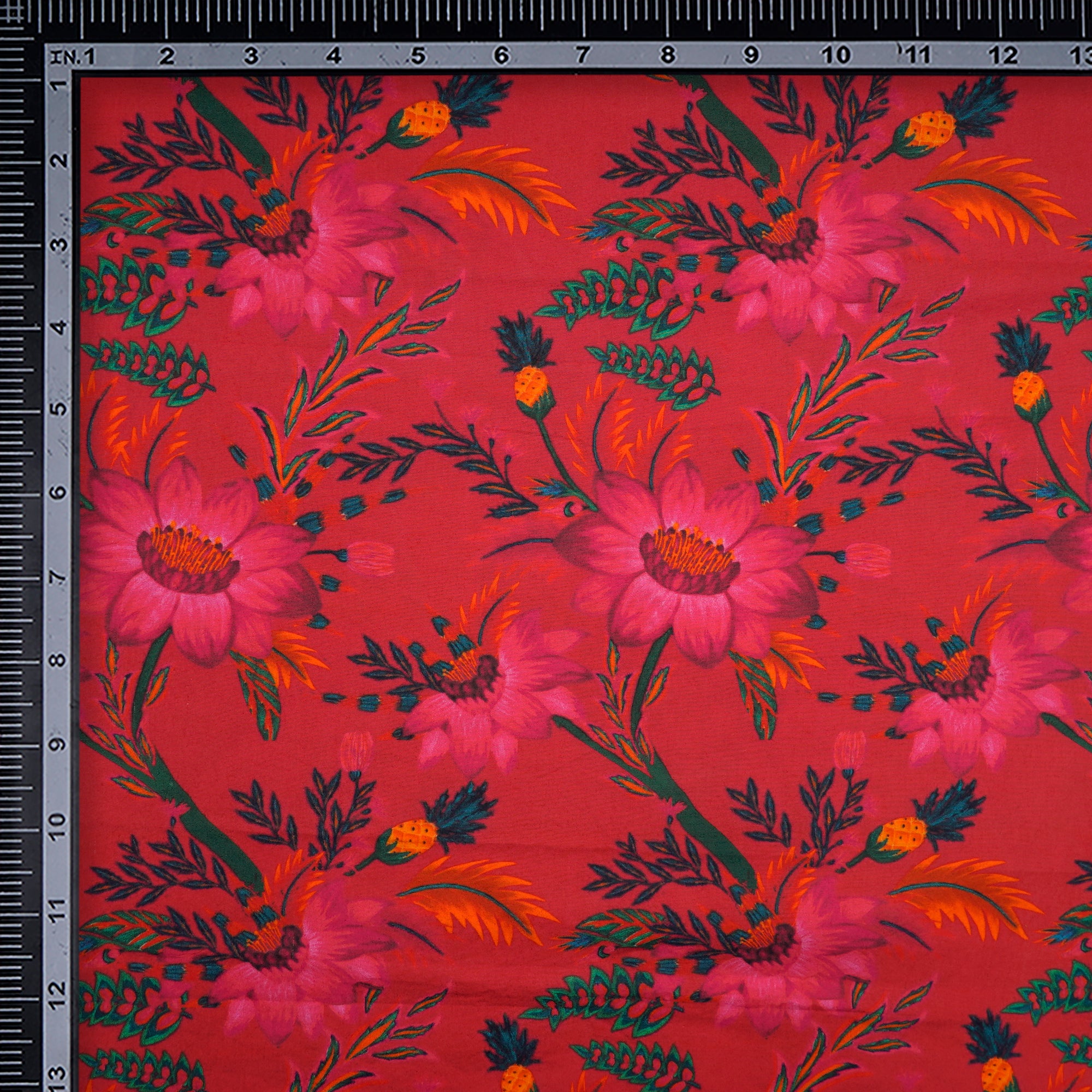 (Pre-Cut 2.35 Mtr)Red Floral Pattern Digital Printed Cotton Fabric