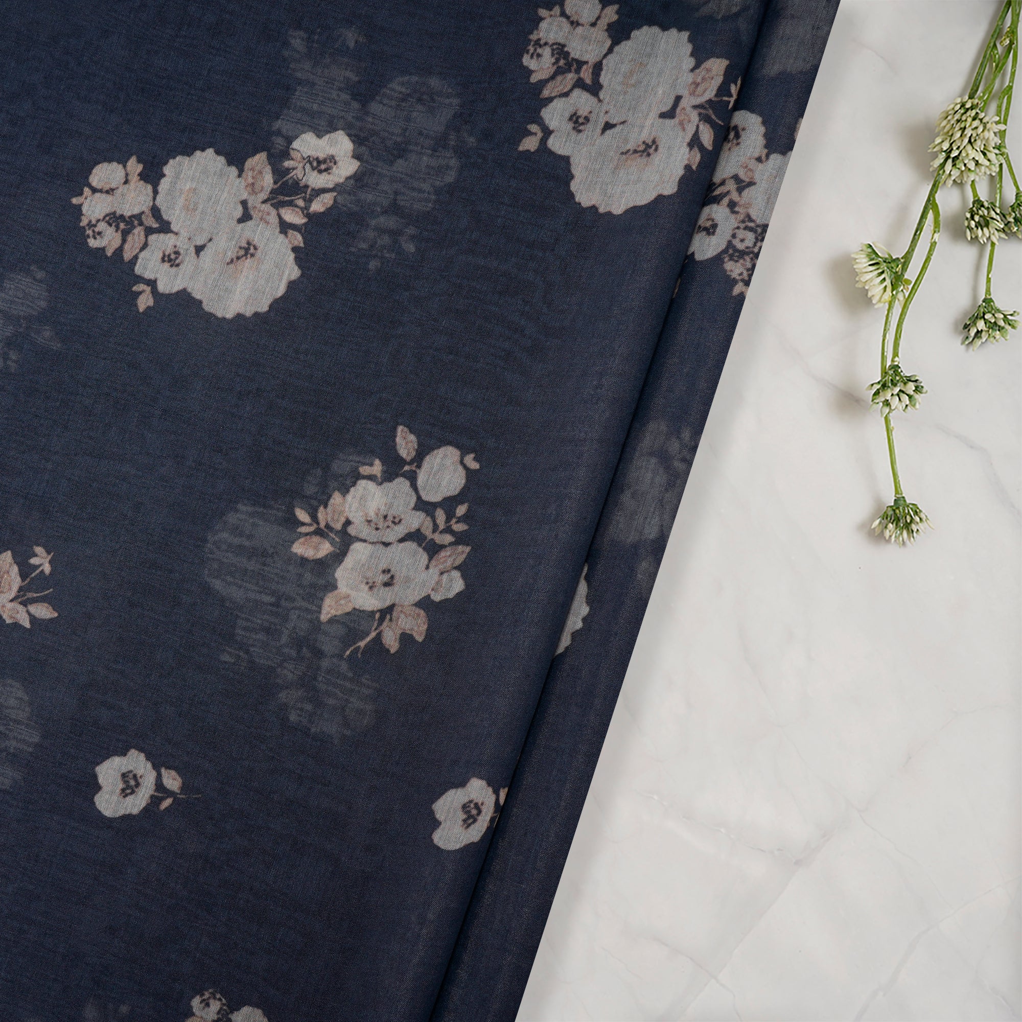 (Pre-Cut 1.00 Mtr)Navy Blue Floral Pattern Digital Print Pure Fine Chanderi Fabric