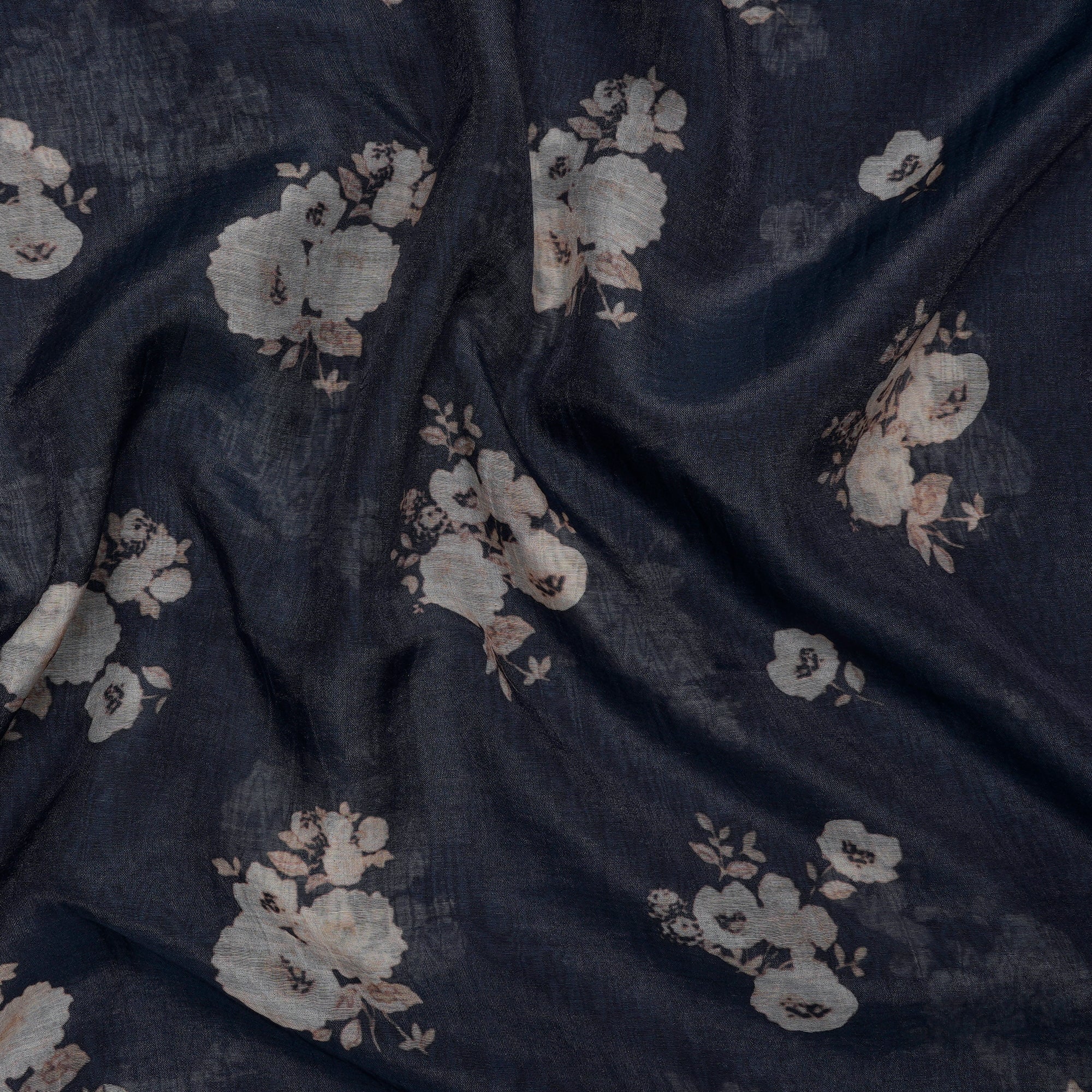 (Pre-Cut 1.00 Mtr)Navy Blue Floral Pattern Digital Print Pure Fine Chanderi Fabric