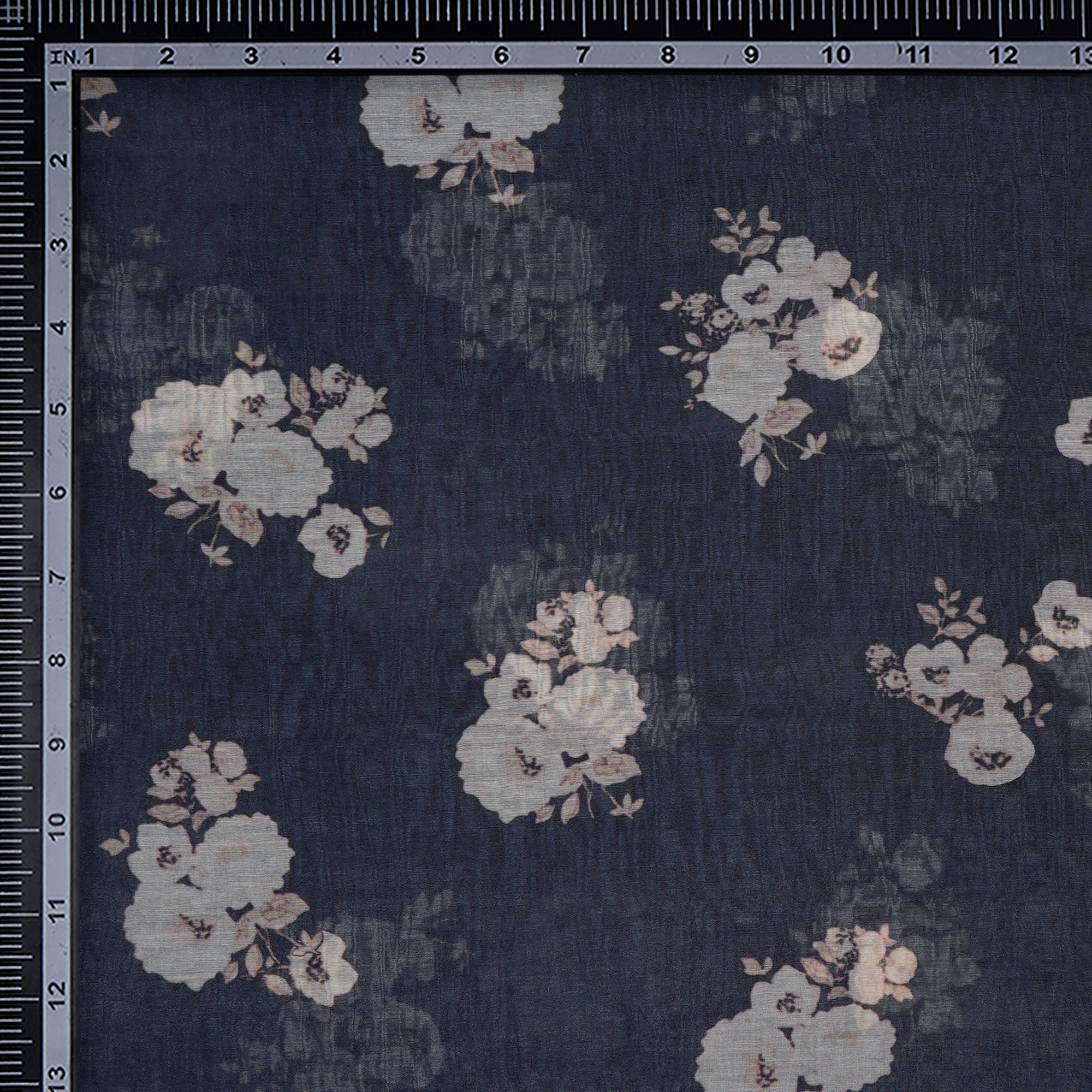 (Pre-Cut 1.00 Mtr)Navy Blue Floral Pattern Digital Print Pure Fine Chanderi Fabric