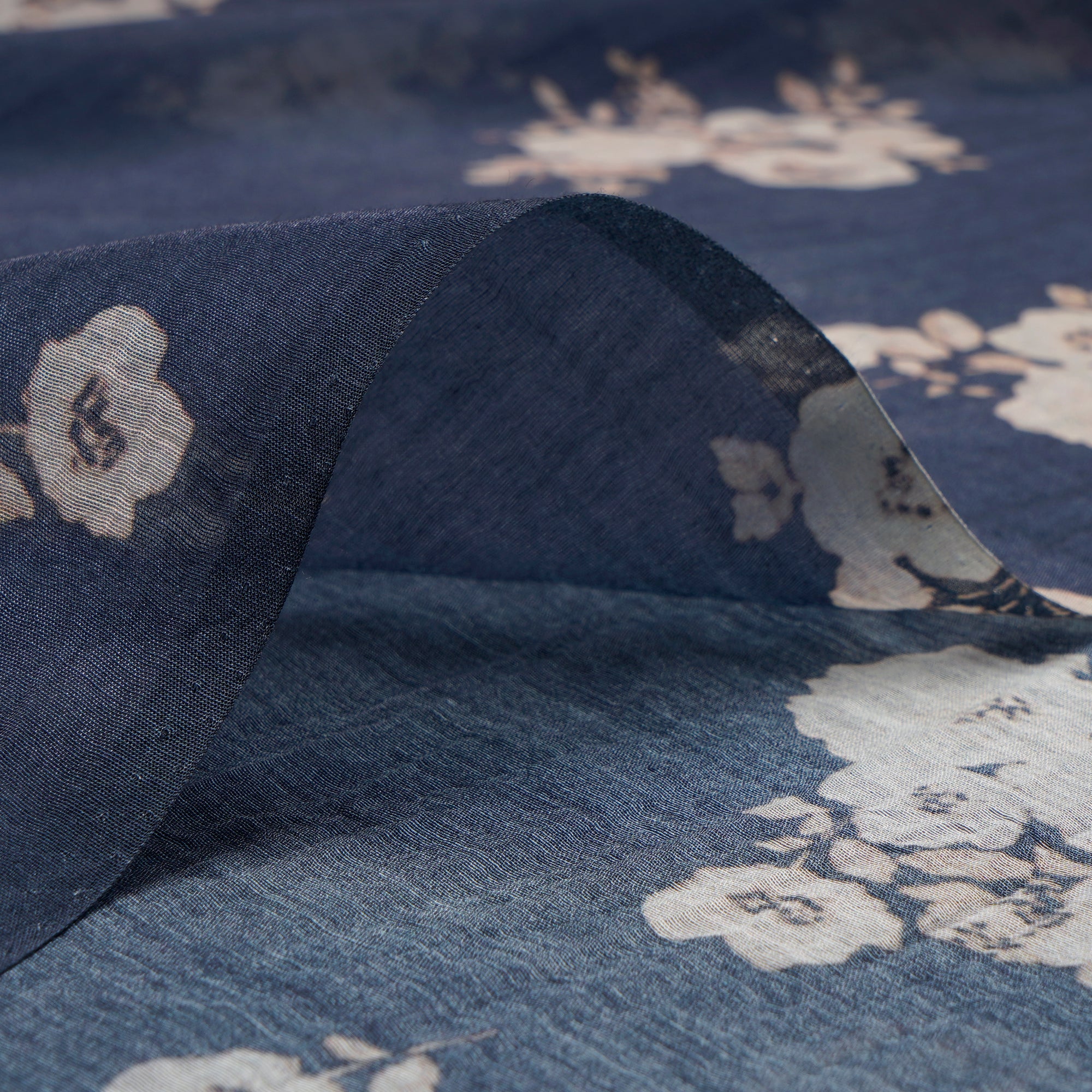 (Pre-Cut 1.00 Mtr)Navy Blue Floral Pattern Digital Print Pure Fine Chanderi Fabric