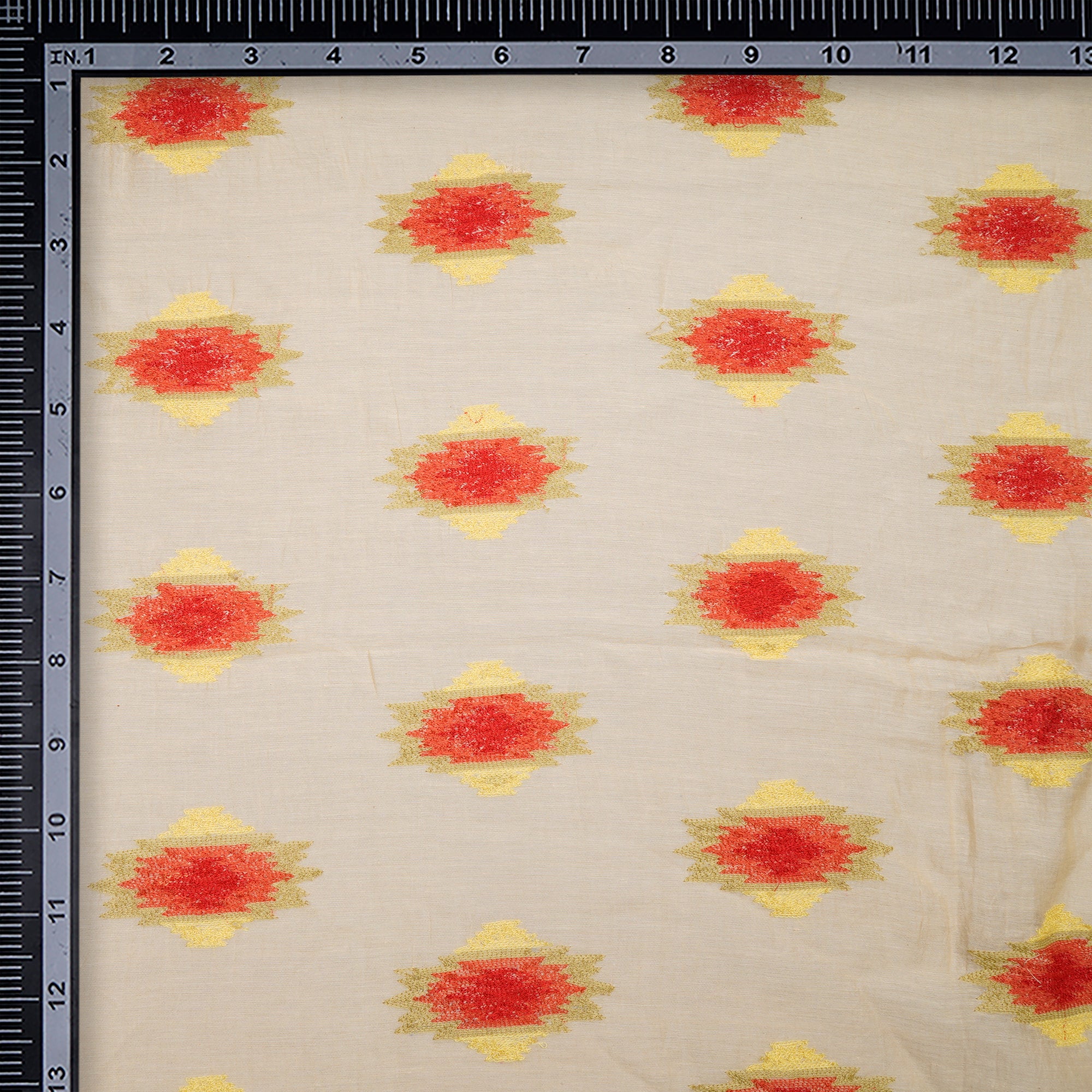 (Pre-Cut 1.20 Mtr)Multi Color Geometrical Pattern Embroidered Chanderi Fabric