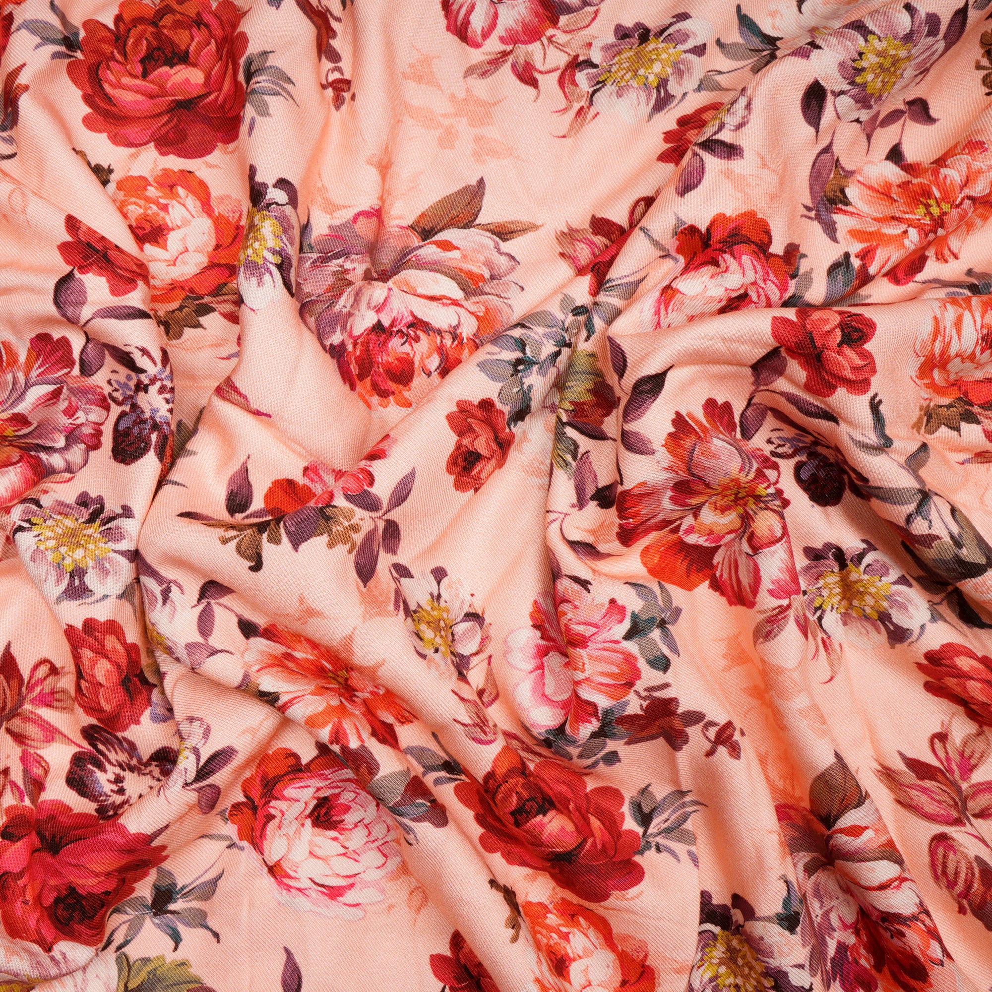 (Pre-Cut 2.65 Mtr)Peach Floral Pattern Screen Print Viscose Pashmina Fabric