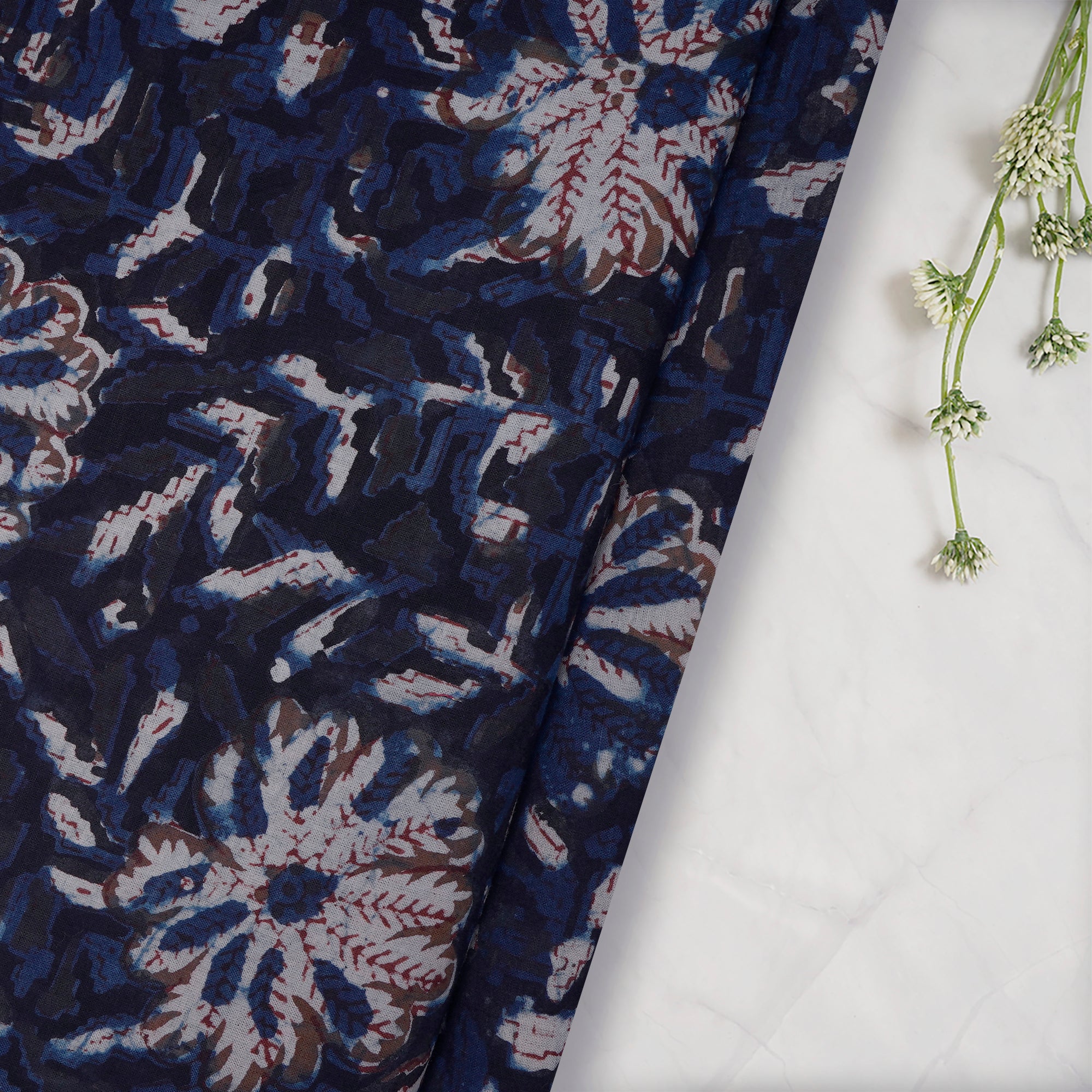 (Pre-Cut 1.80 Mtr)Navy Blue Hand Block Natural Dye Jahota Printed Cotton Cambric Fabric